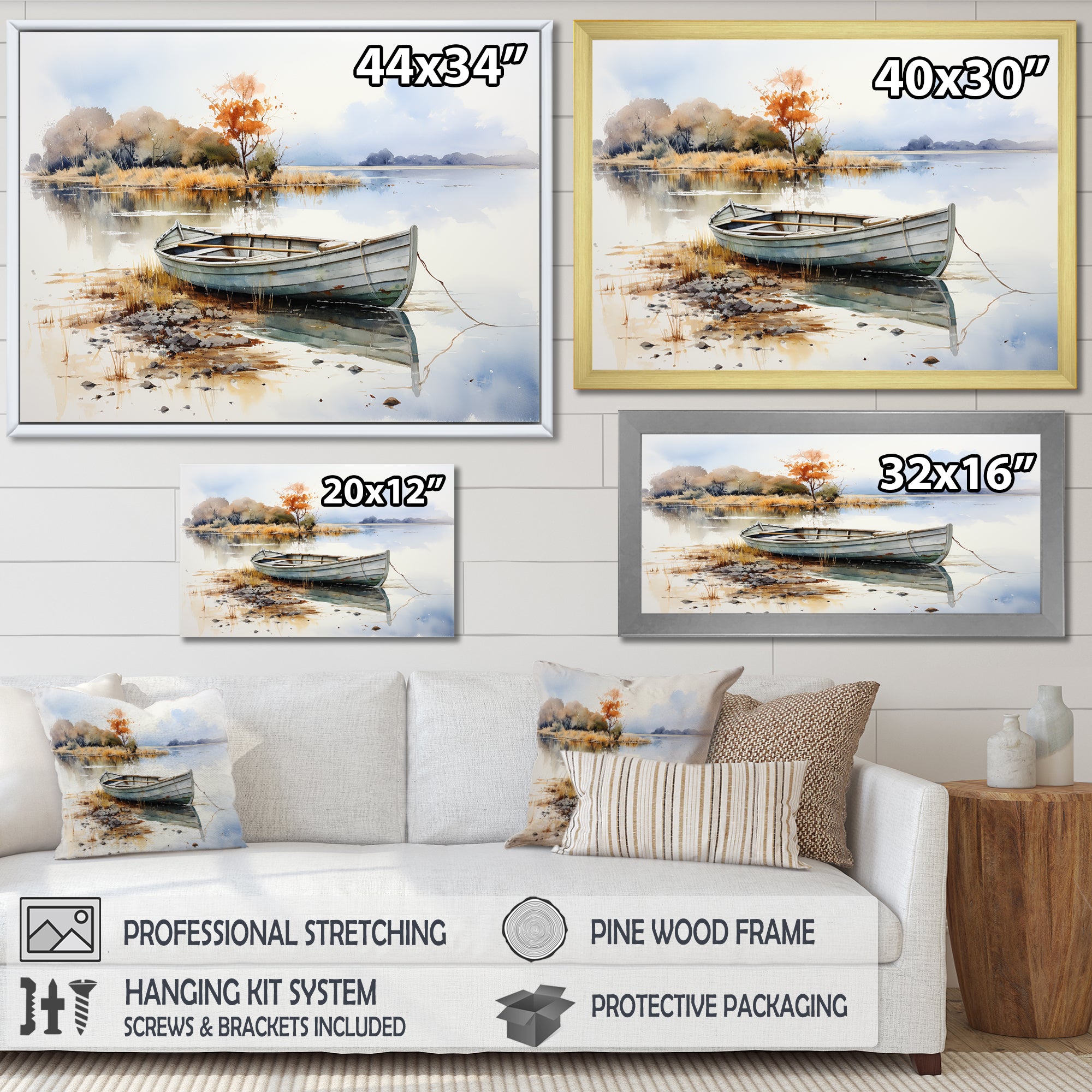 Blue and orange Autumn Tranquility Fishing Boat - Boat Fishing Canvas Wall Art