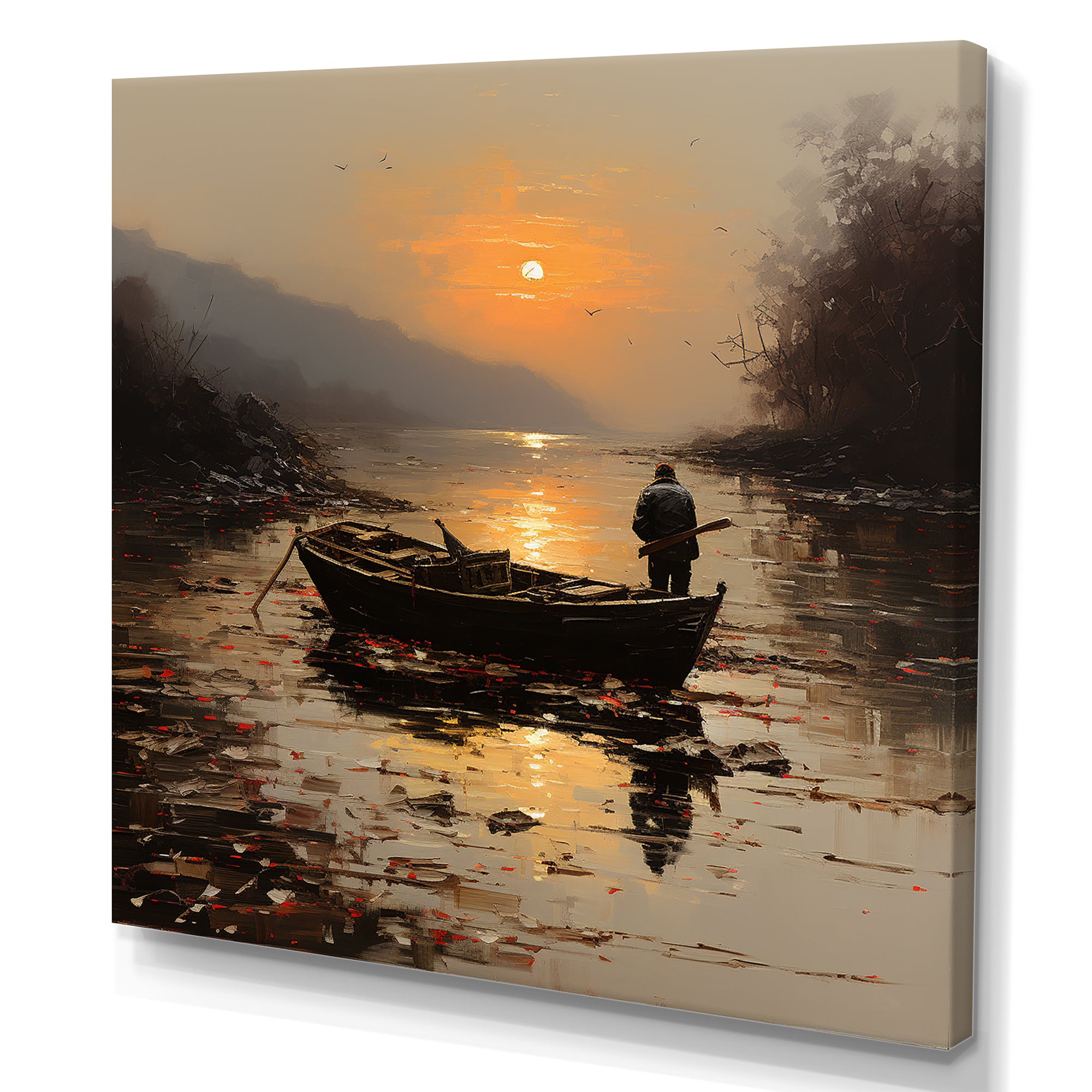 Orange and brown Moonlit Fishing by the lake - Boat Fishing Canvas Wall Art