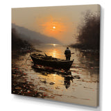 Orange and brown Moonlit Fishing by the lake - Boat Fishing Canvas Wall Art