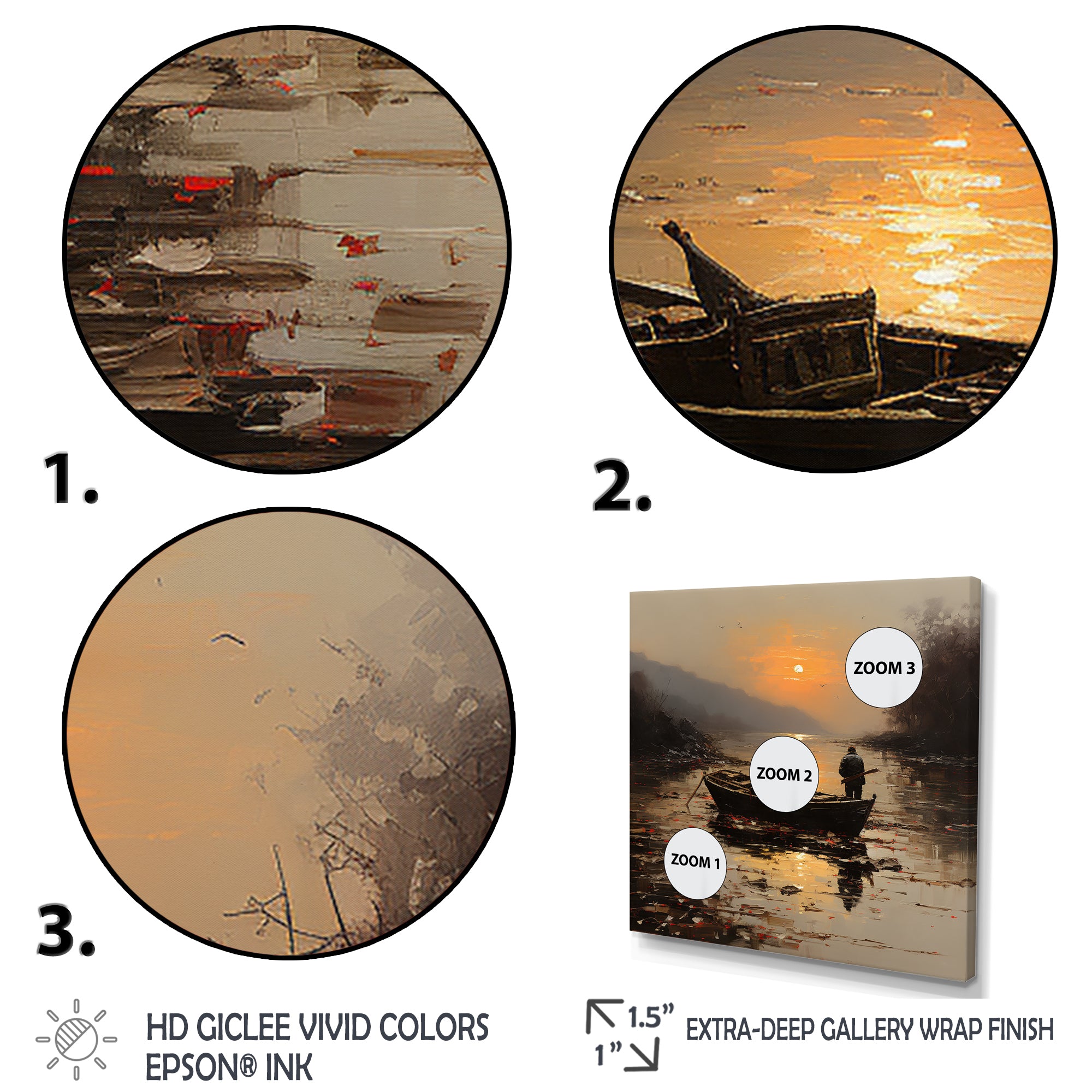 Orange and brown Moonlit Fishing by the lake - Boat Fishing Canvas Wall Art