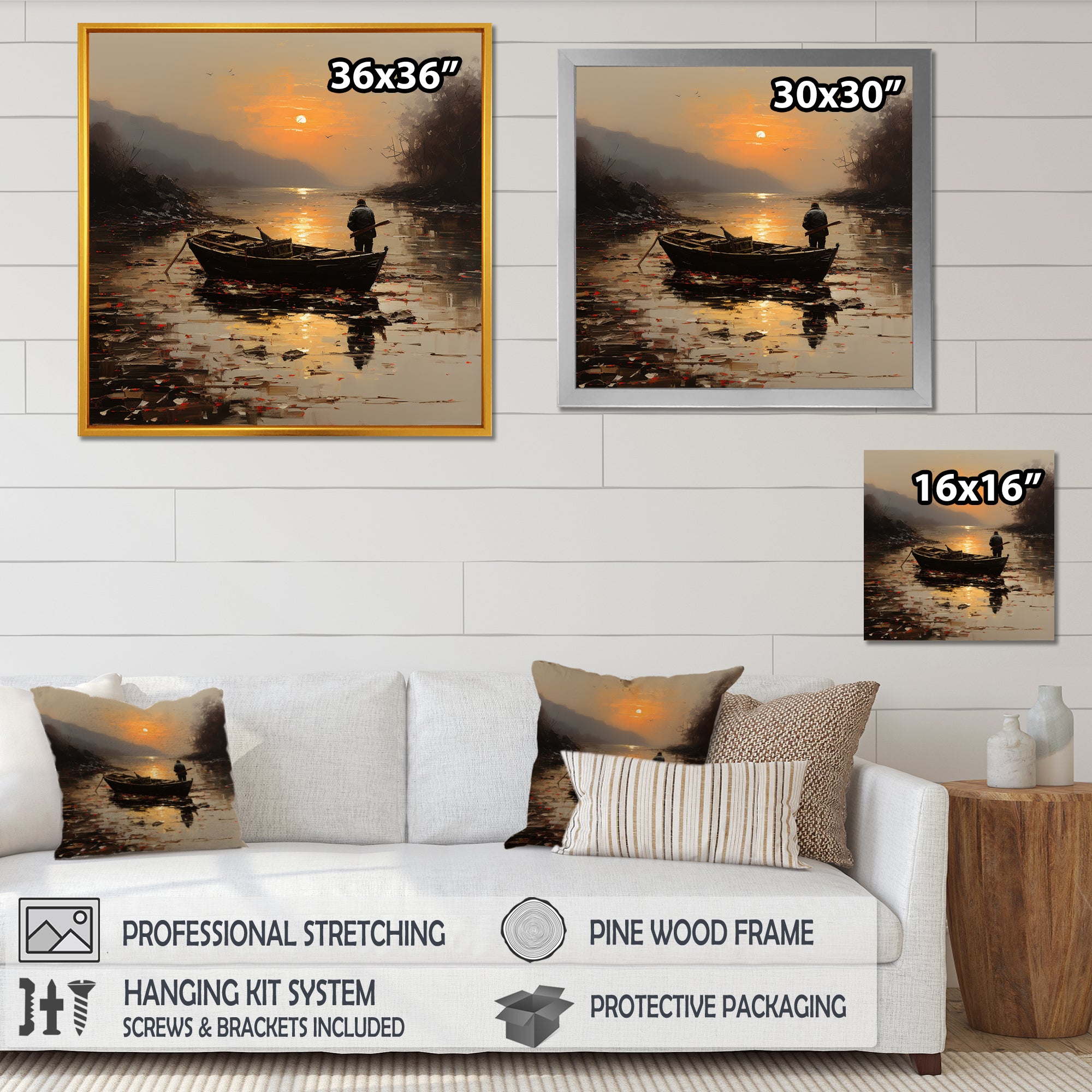 Orange and brown Moonlit Fishing by the lake - Boat Fishing Canvas Wall Art