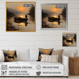 Orange and brown Moonlit Fishing by the lake - Boat Fishing Canvas Wall Art