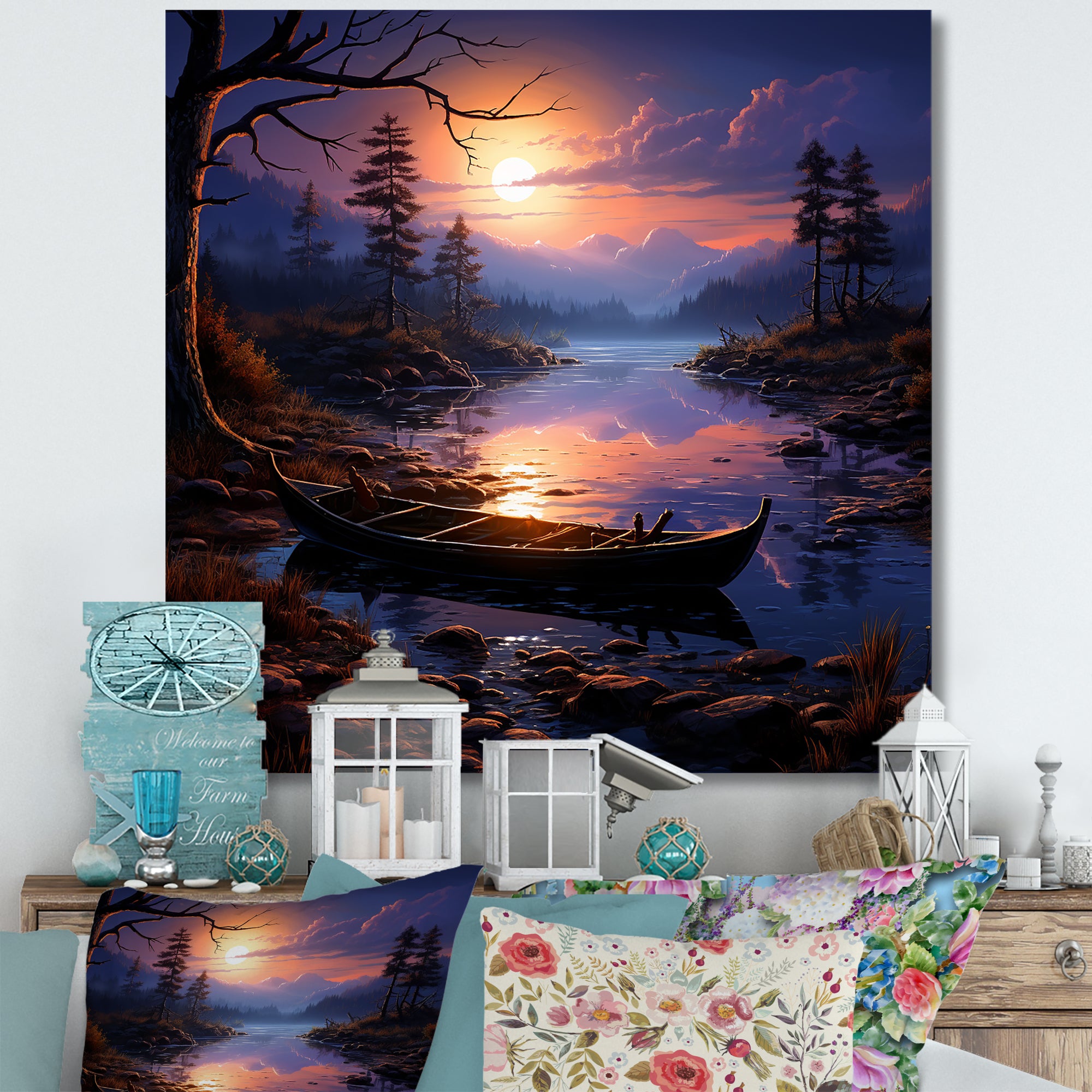 Purple and orange Moonlit Fishing Voyage - Boat Fishing Canvas Wall Art