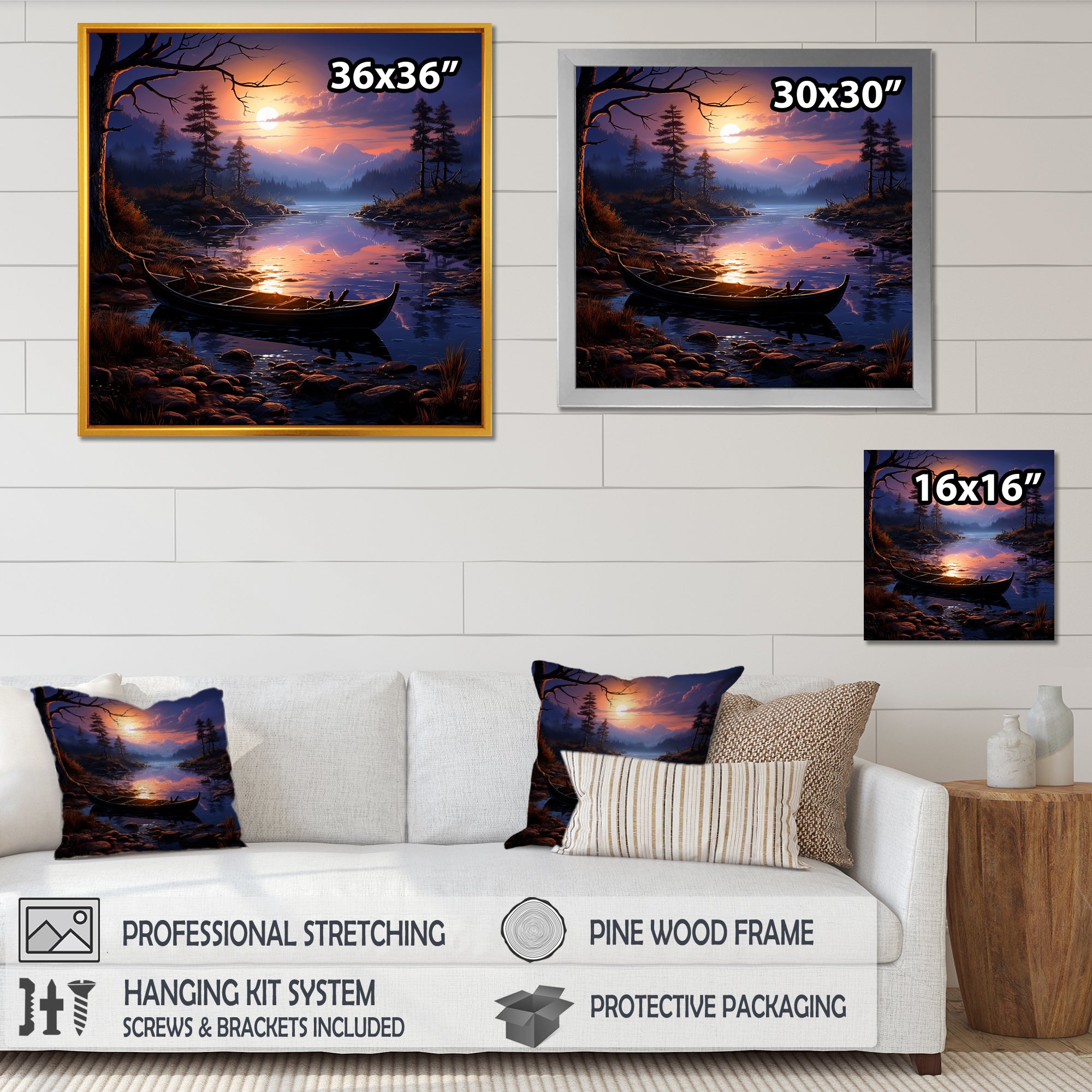 Purple and orange Moonlit Fishing Voyage - Boat Fishing Canvas Wall Art