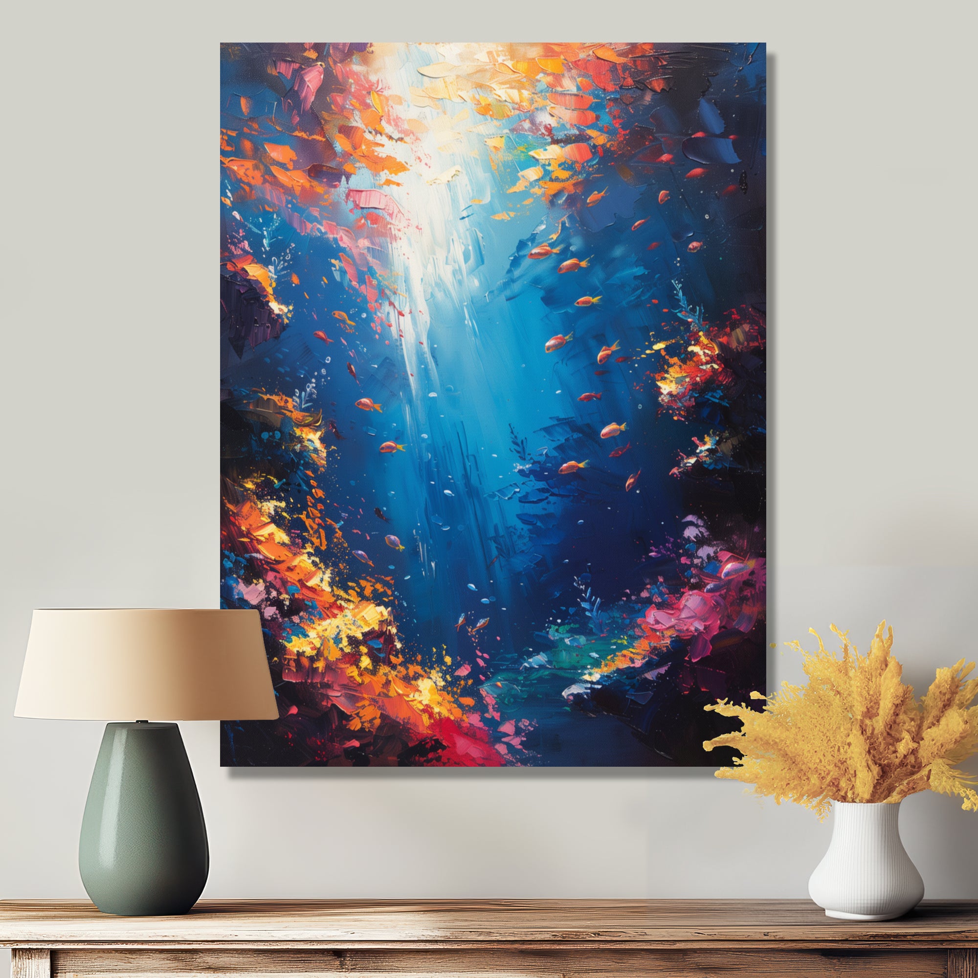 Blue orange coral clownfish Marine life - Coral Framed Canvas Art