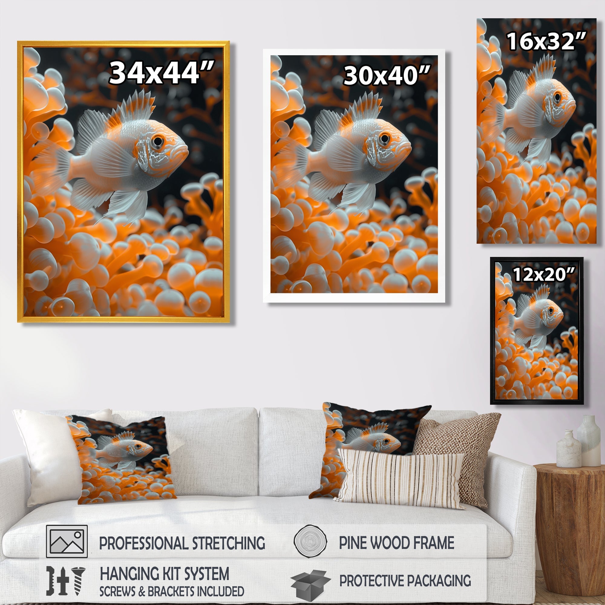 Orange white coral fish - Coral Living Room Wall Art