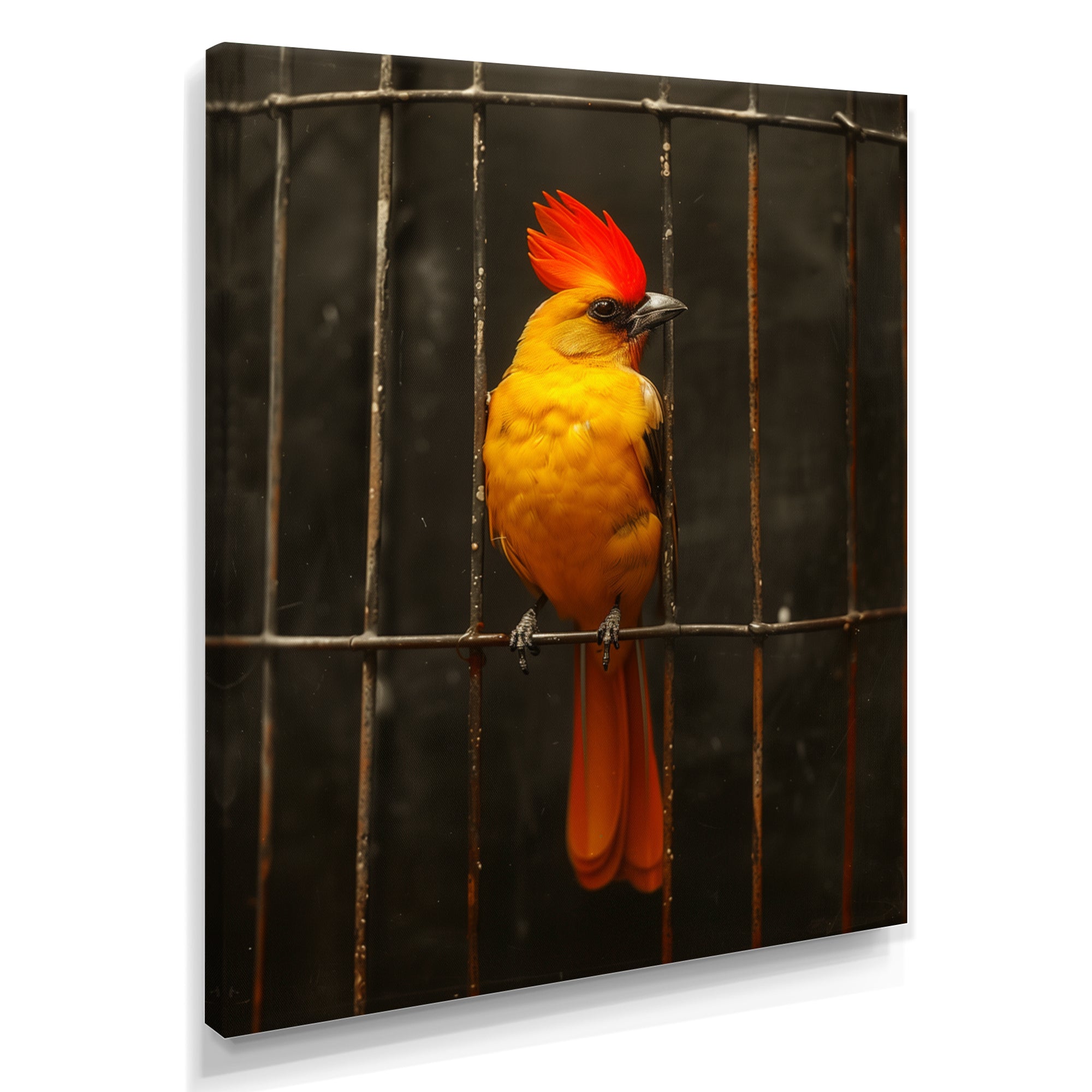 Yellow red Caged Bird elegance - Bird Canvas Wall Art