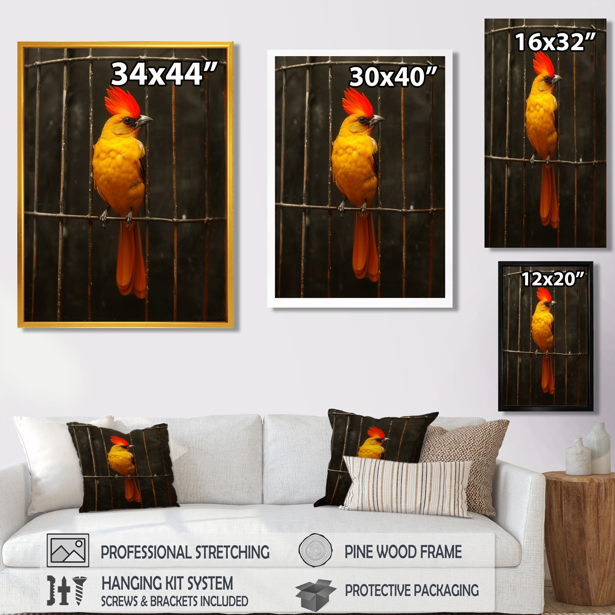Yellow red Caged Bird elegance - Bird Canvas Wall Art