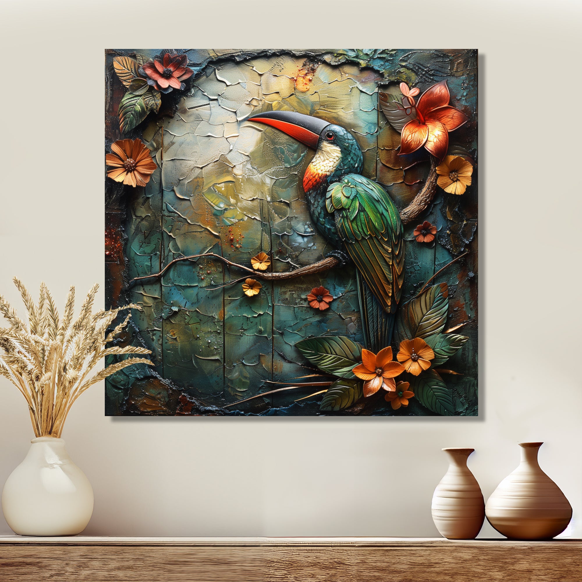 Green orange Rainforest Radiance Toucan - Green Parrot Wall Art