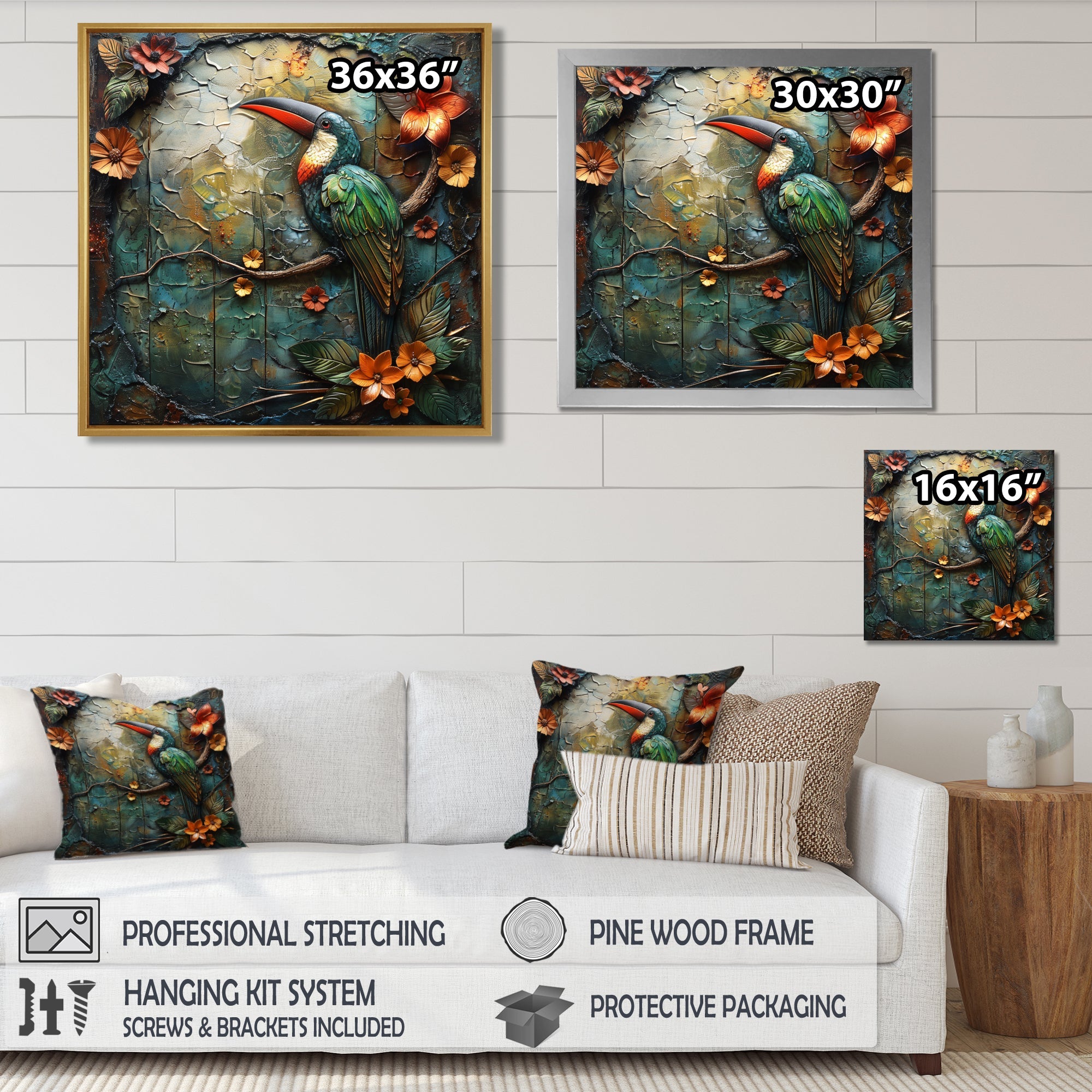 Green orange Rainforest Radiance Toucan - Green Parrot Wall Art