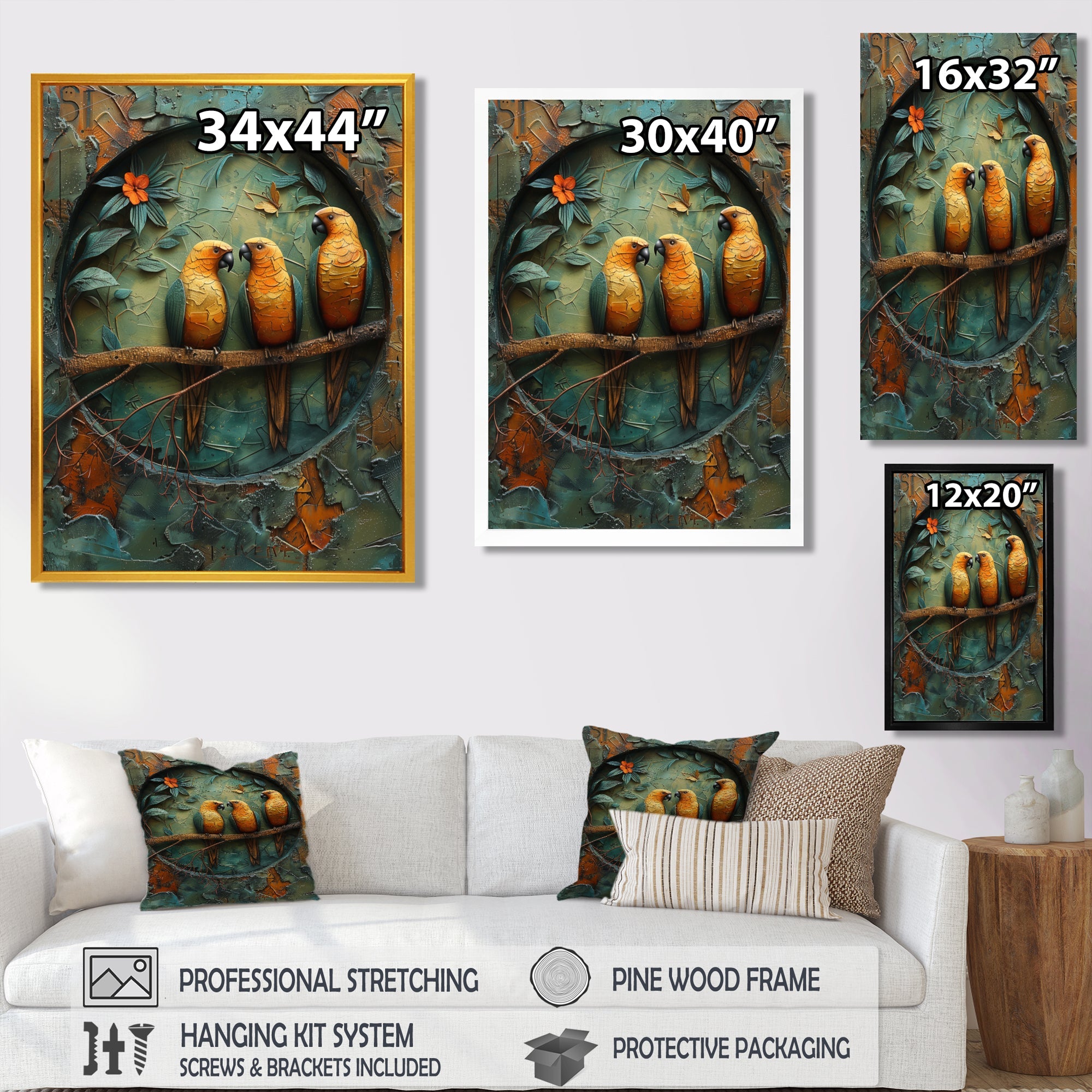 Yellow green Rainforest Radiance parrots - Yellow Parrot Wall Art