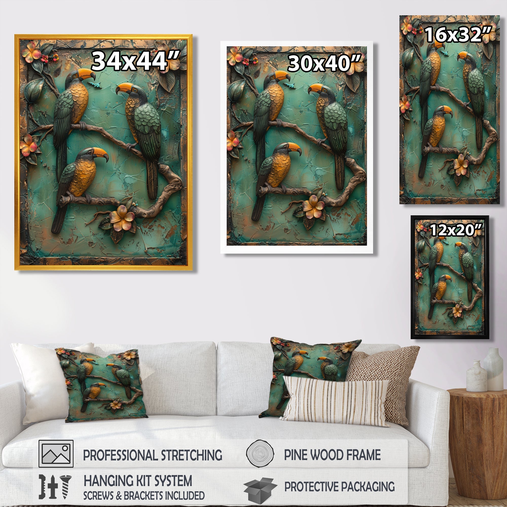 Yellow green Rainforest Radiance Toucans - Parrot Framed Canvas Art