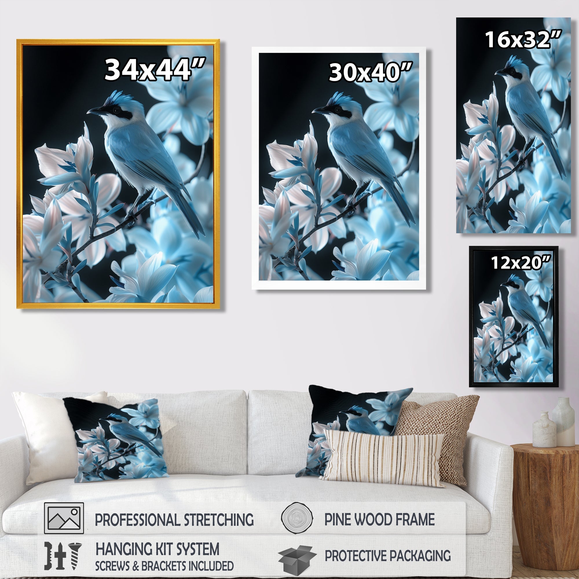 Blue black Tropical Oasis Bird blooms - Bird Home Decor Art