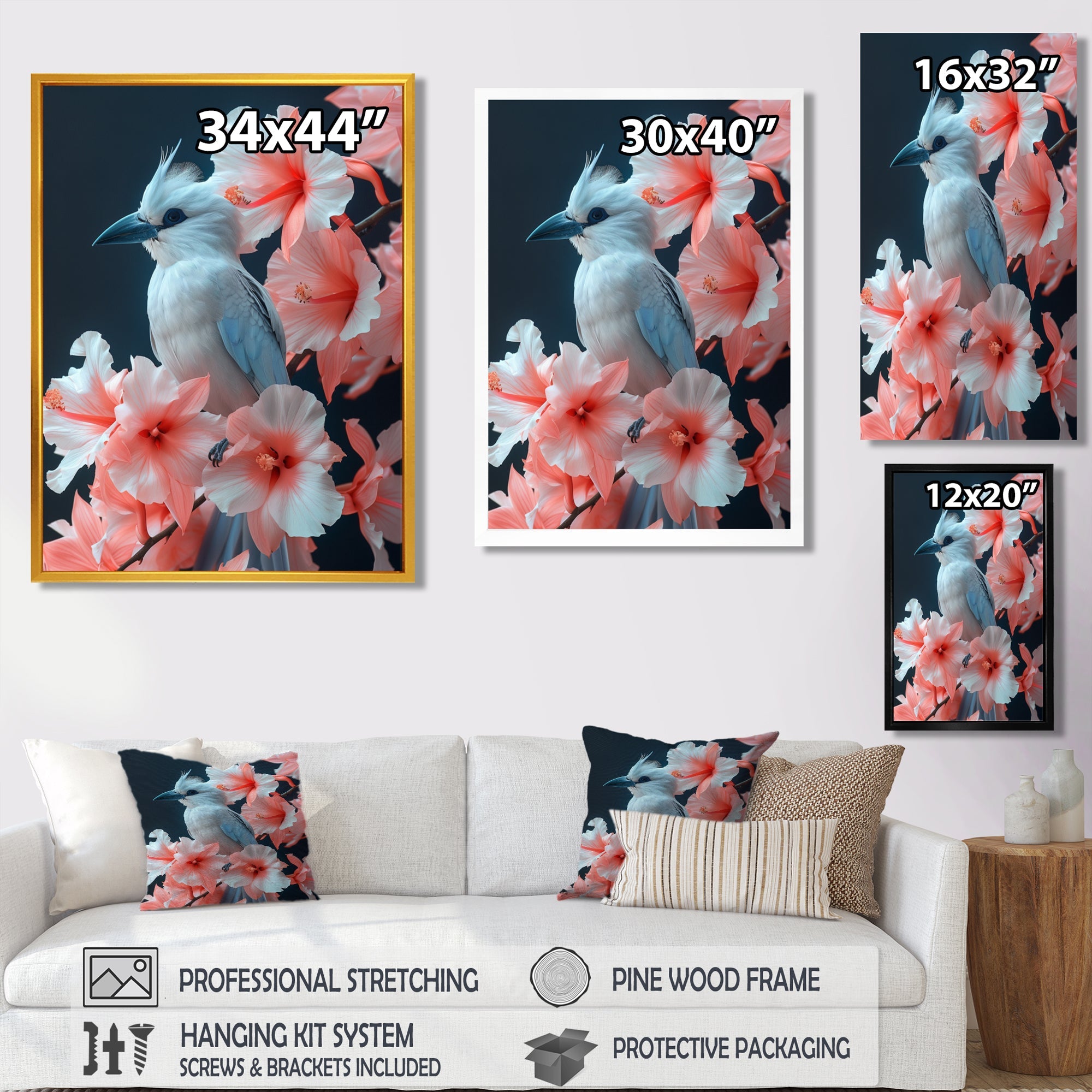 Pink white Tropical Oasis Bird blooms - Bird Living Room Wall Art