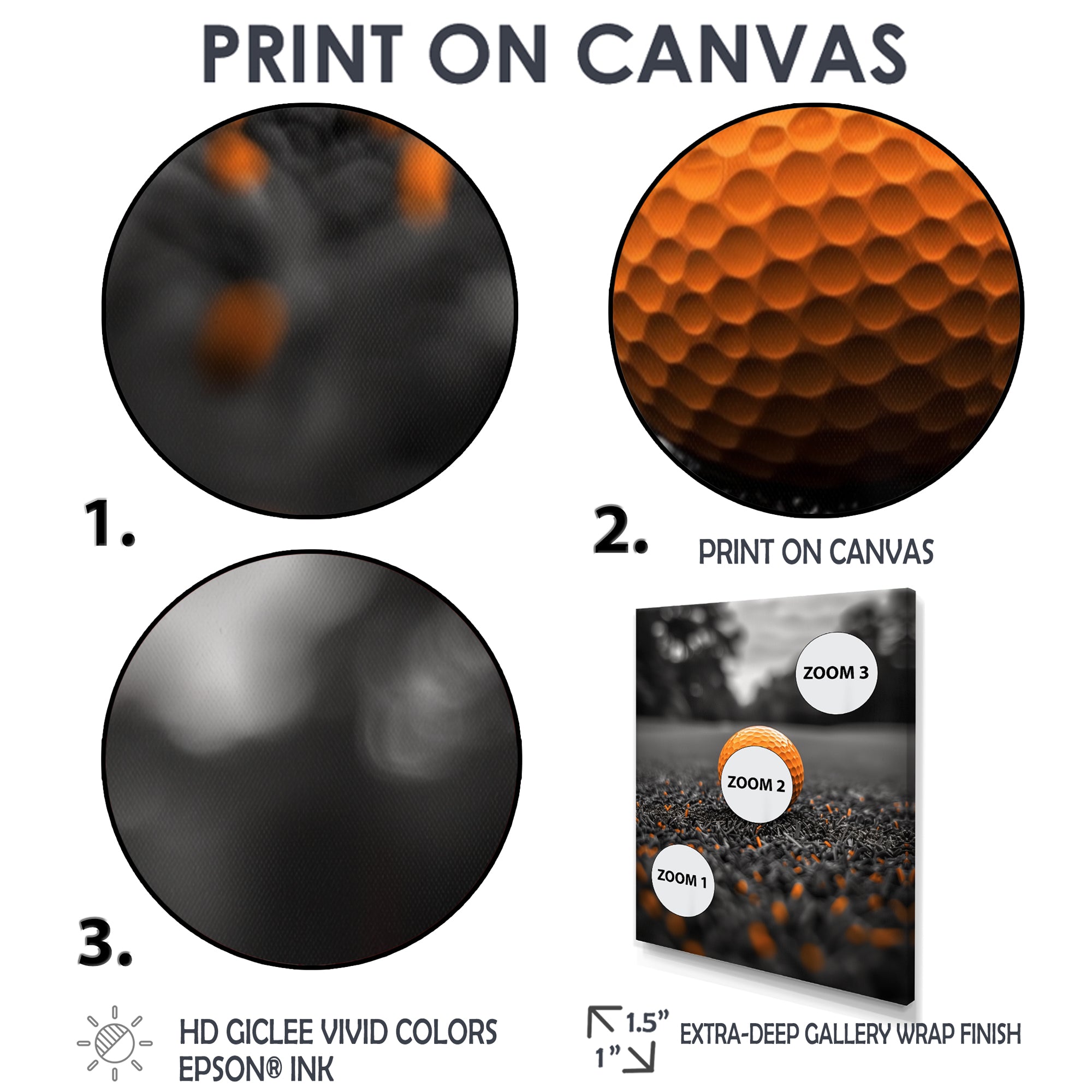 Monochrome Orange Grey Golf Ball I - Golf Canvas Wall Art