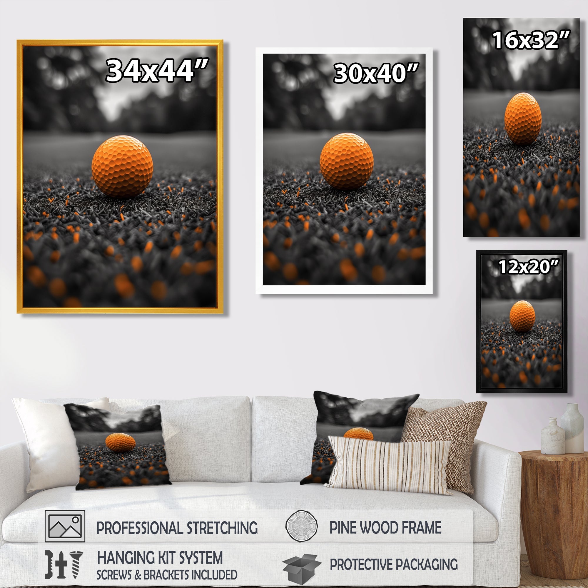 Monochrome Orange Grey Golf Ball I - Golf Canvas Wall Art