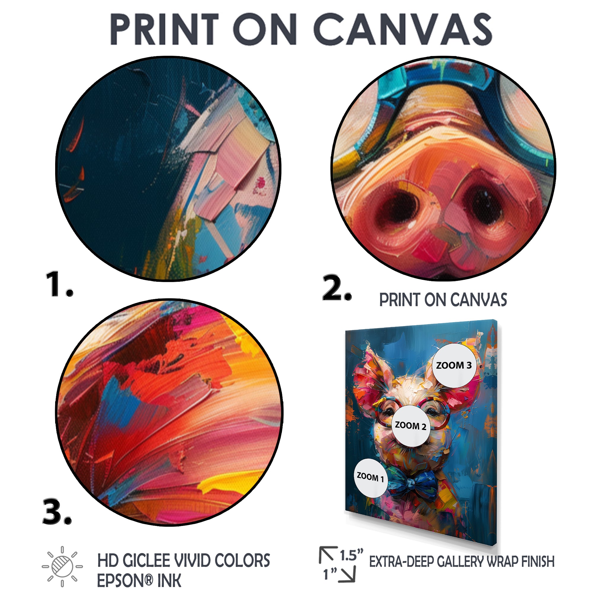 Curious blue pink pig portrait - Pig Large Canvas Wall Art