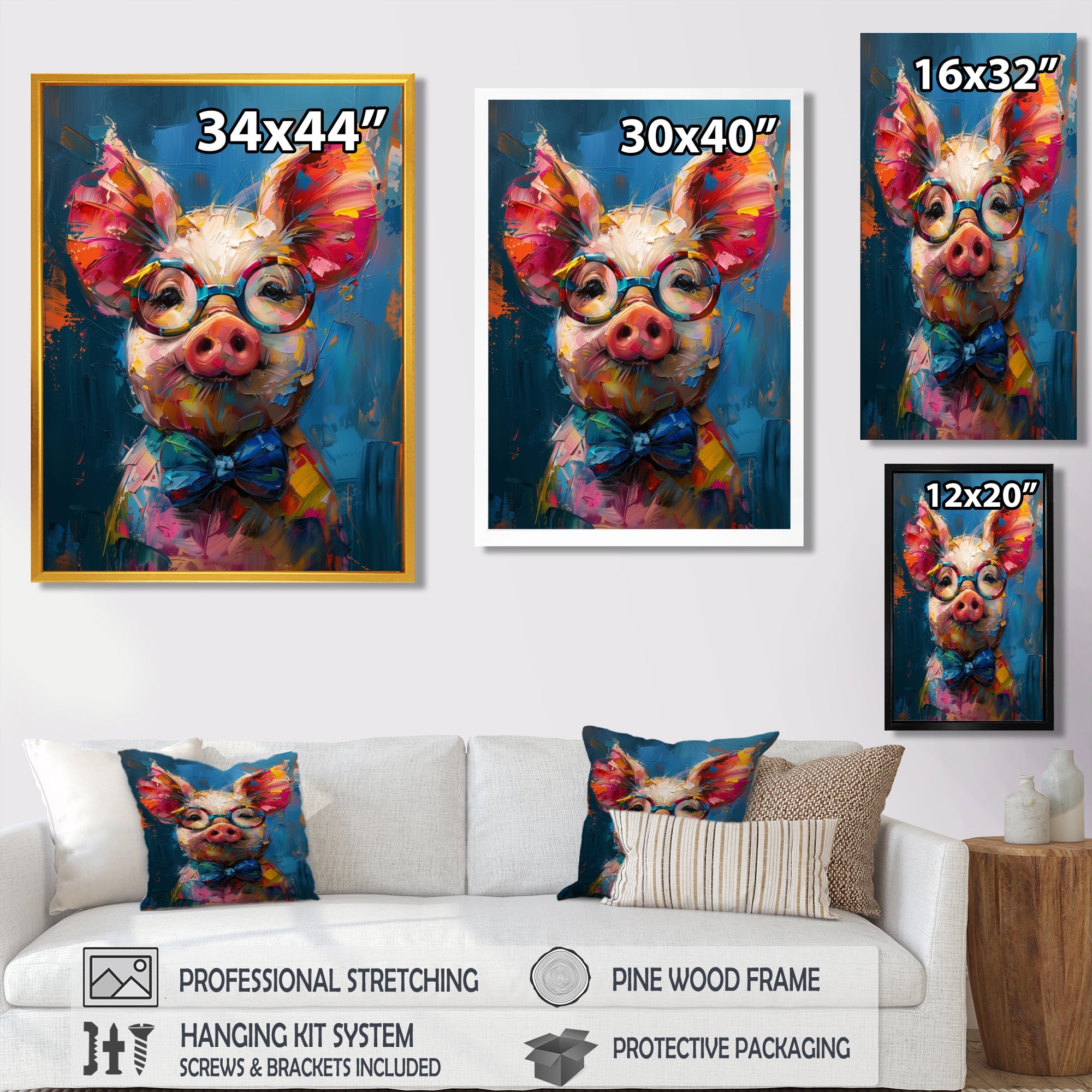 Curious blue pink pig portrait - Pig Large Canvas Wall Art