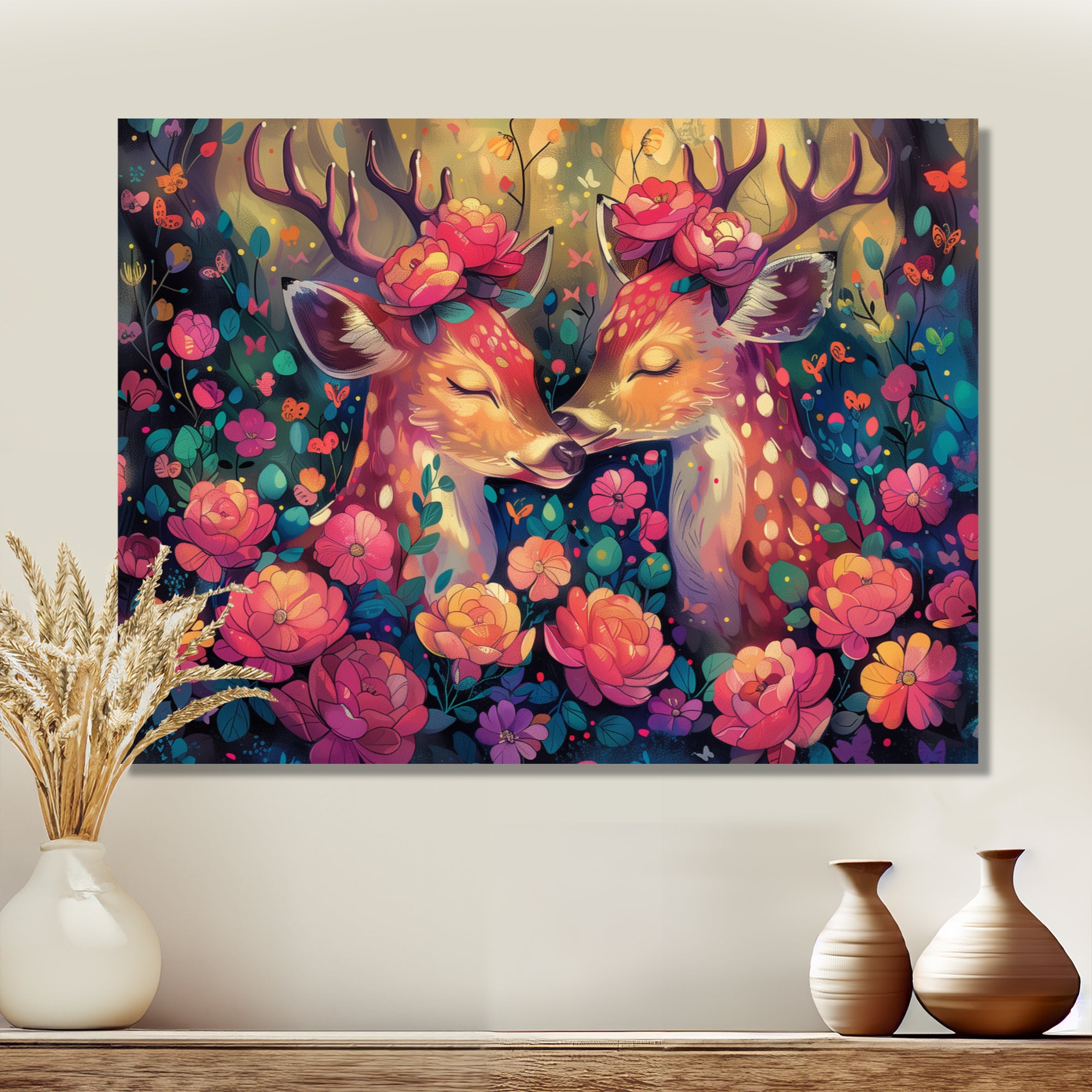 Pink green floral deer forest - Deer Framed Canvas Art