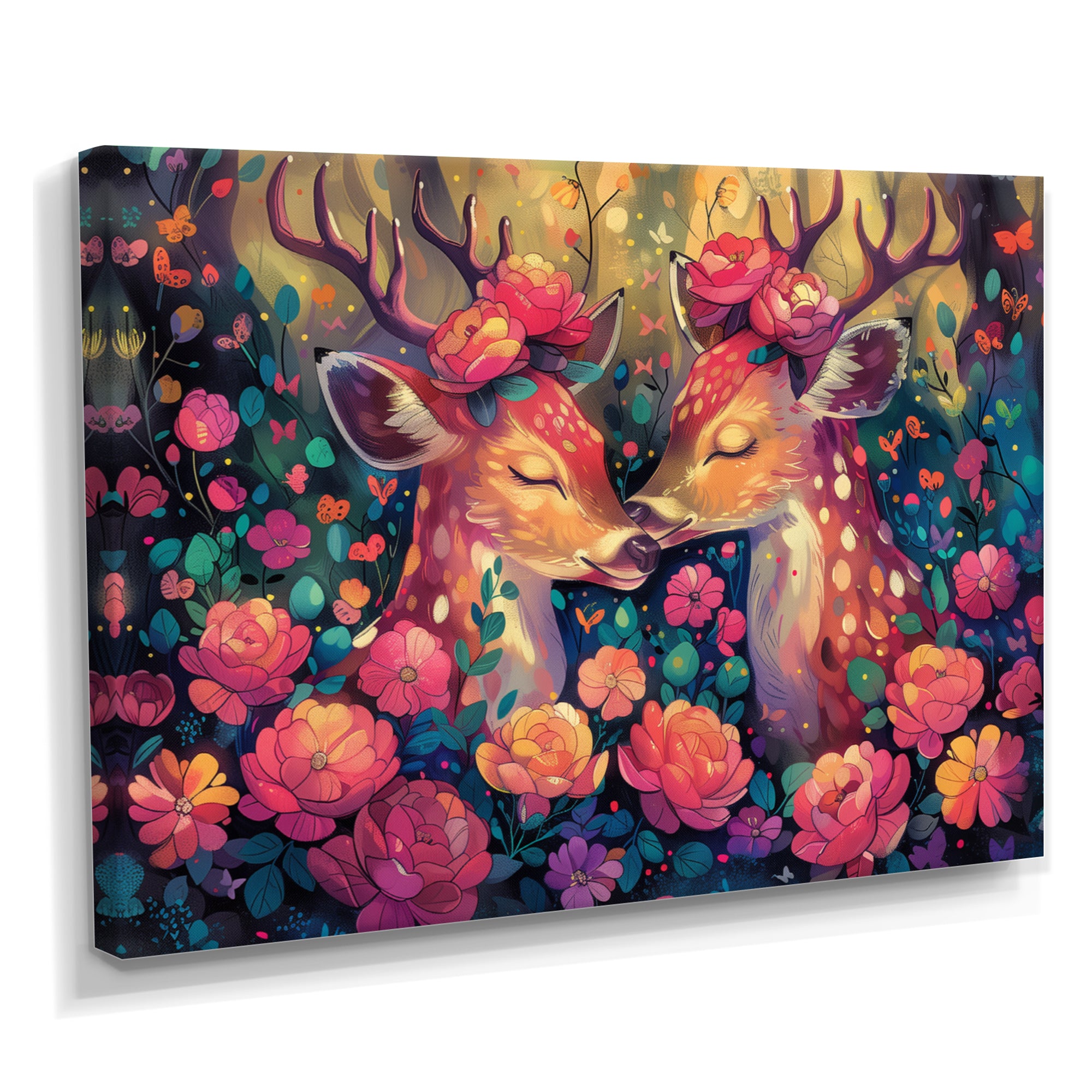 Pink green floral deer forest - Deer Framed Canvas Art