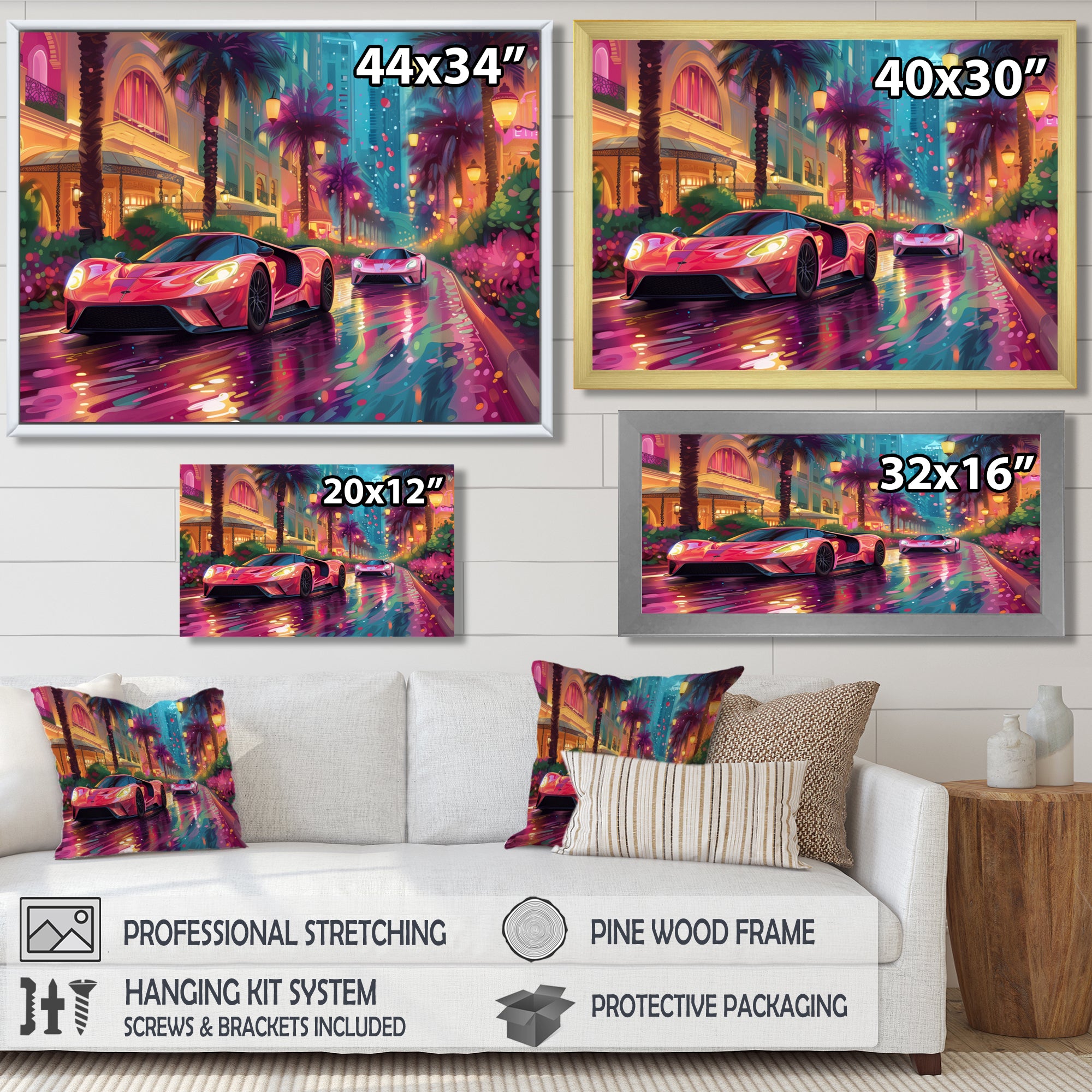Pink blue Miami exotic cars - Car Exotic Canvas Wall Art