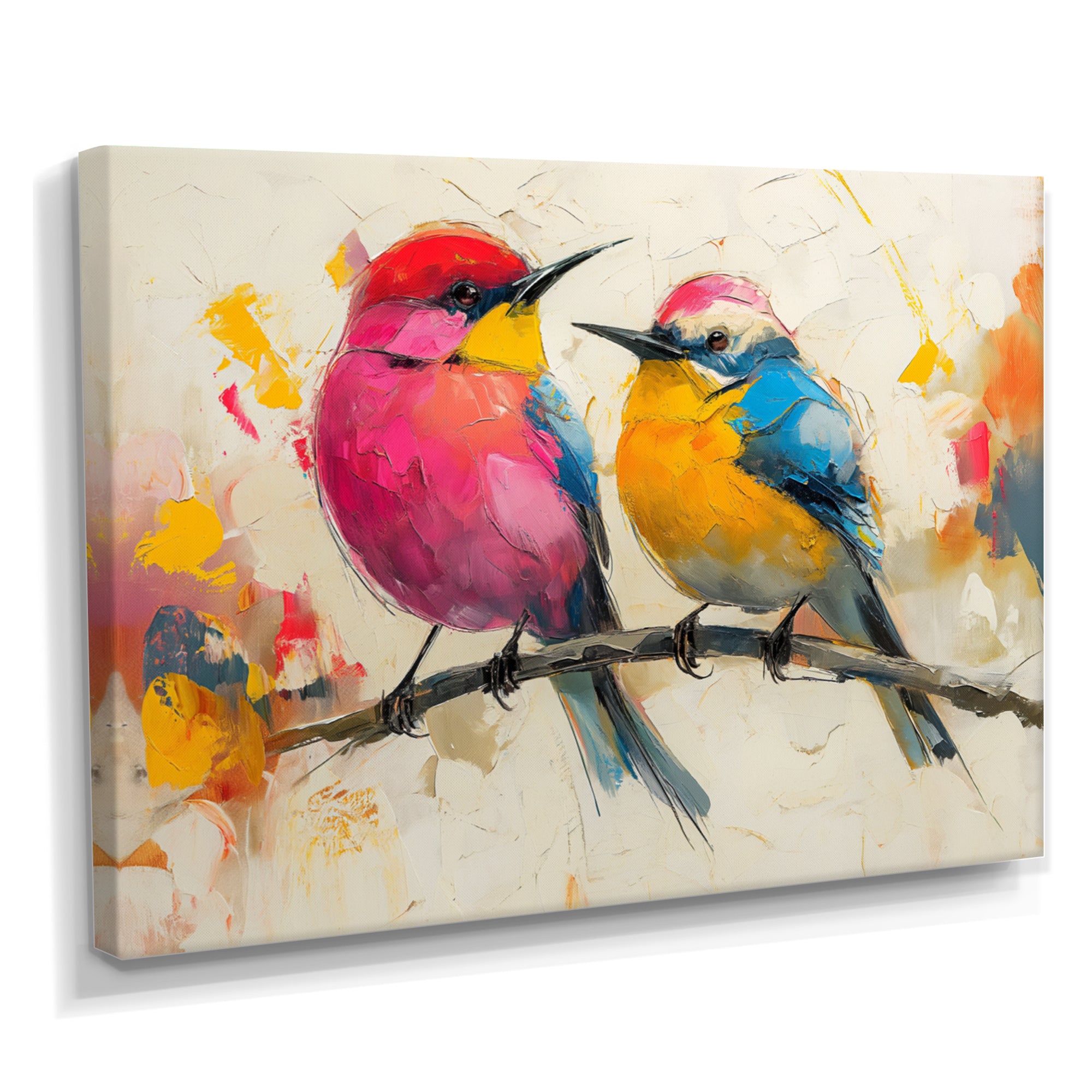 Pink yellow birds on floral branch - Bird Living Room Wall Art