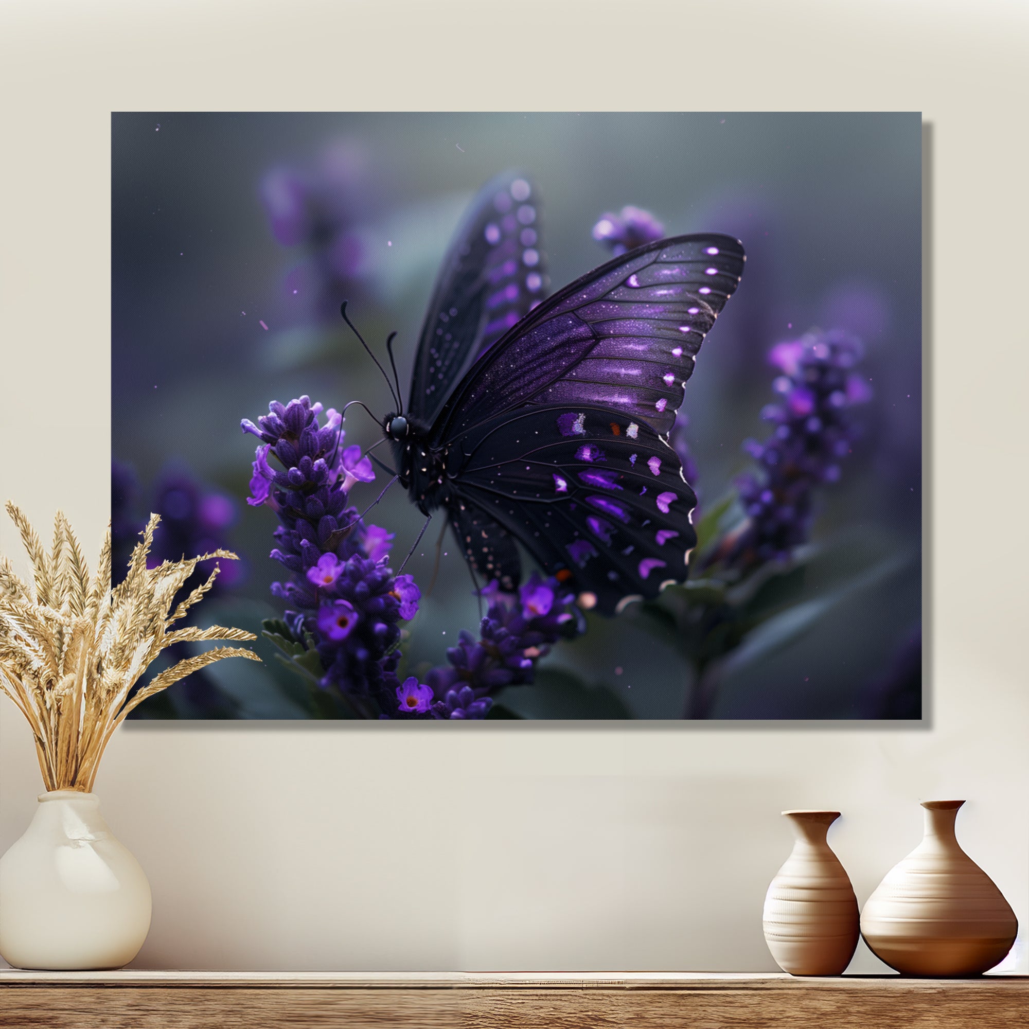 Purple black Butterfly beauty on flower - Butterfly Canvas Wall Art