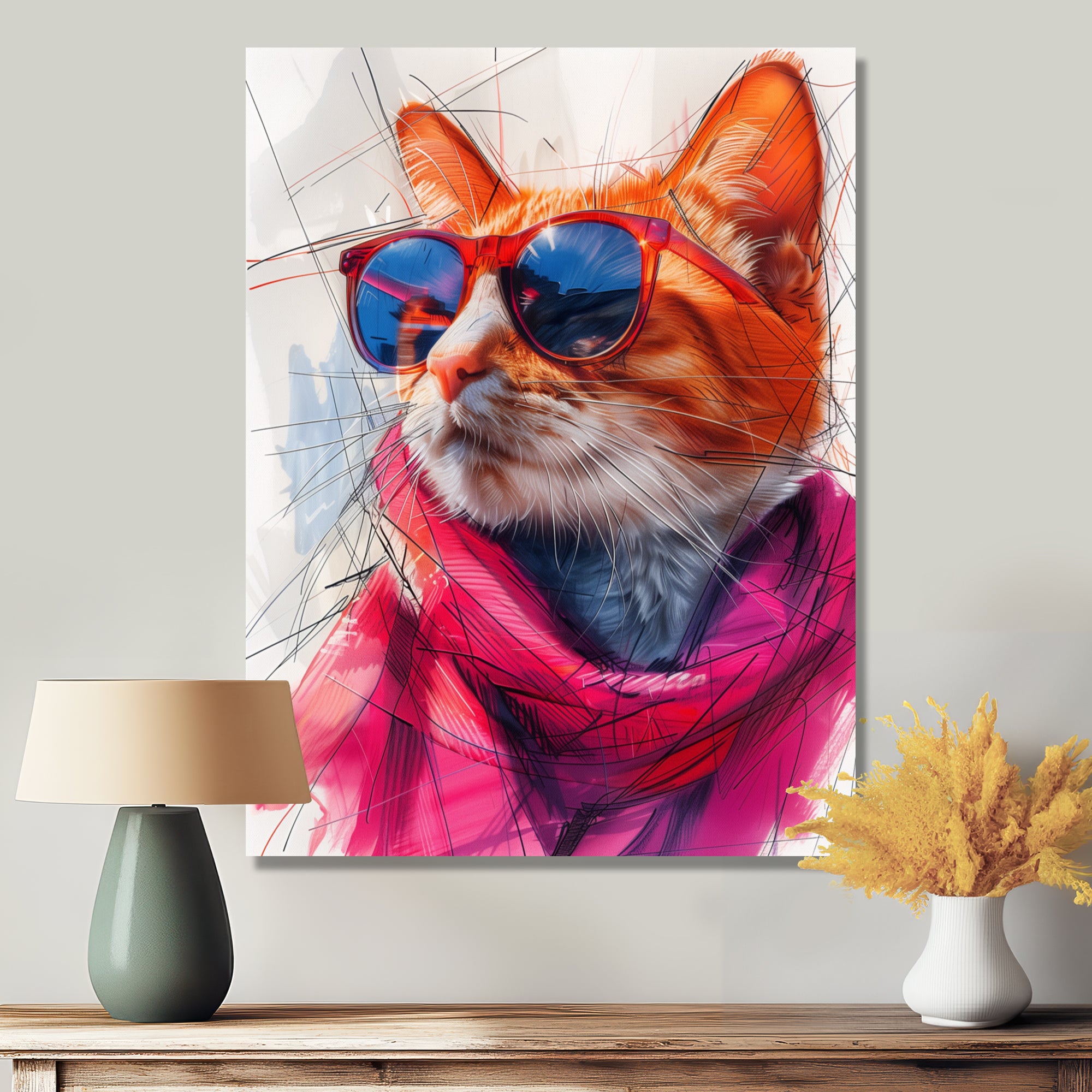 Pink blue curious cat with sunglasses - Cat Canvas Wall Art