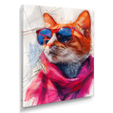 Pink blue curious cat with sunglasses - Cat Canvas Wall Art