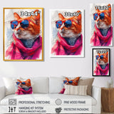 Pink blue curious cat with sunglasses - Cat Canvas Wall Art
