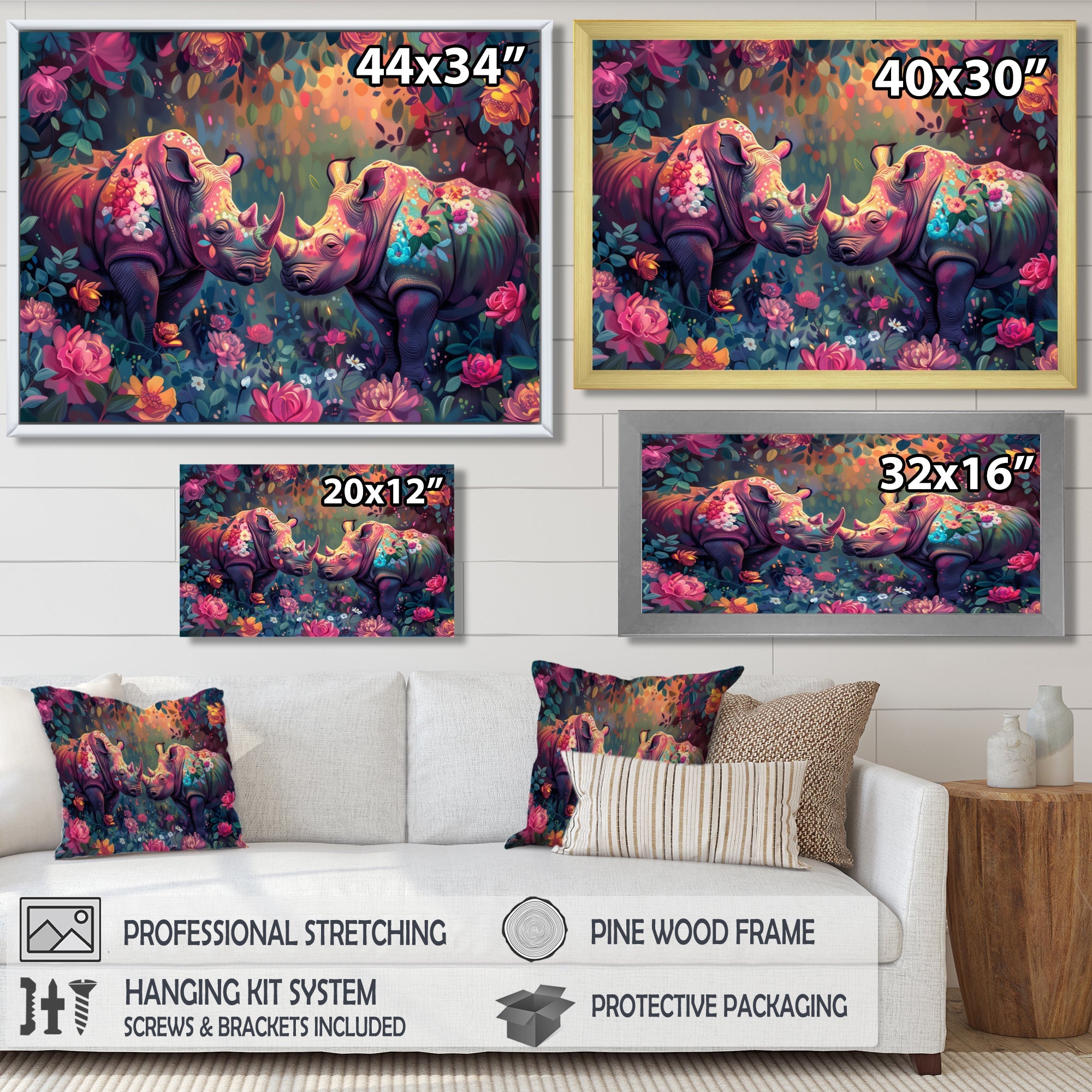 Pink green Rhino wondering dreams - Rhino Wall Decor