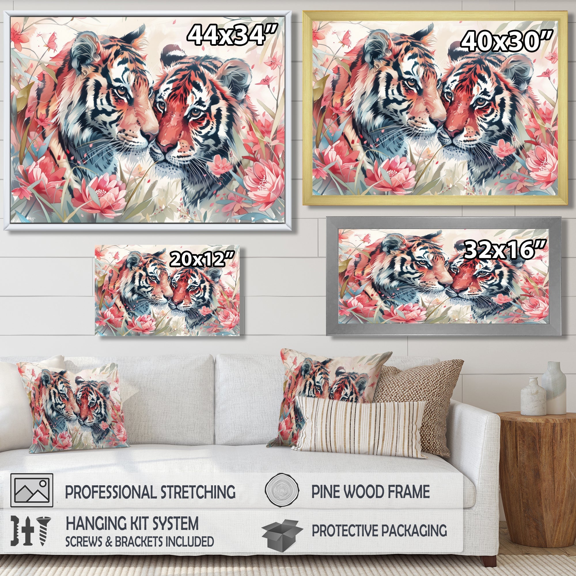 White pink tigers flowers meadows - Tiger Framed Canvas Art