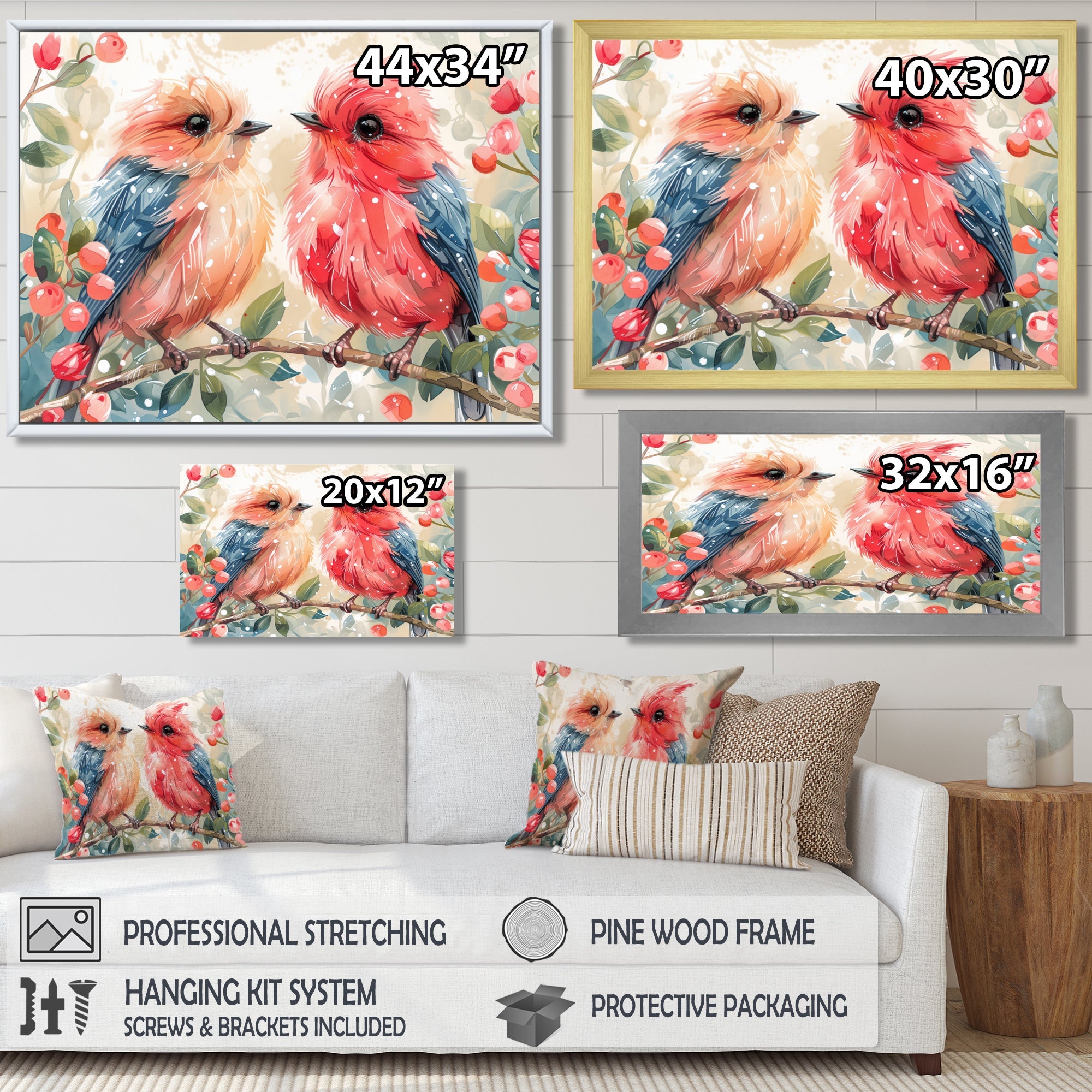 Pink Blue love birds on a branch - Bird Home Decor Art