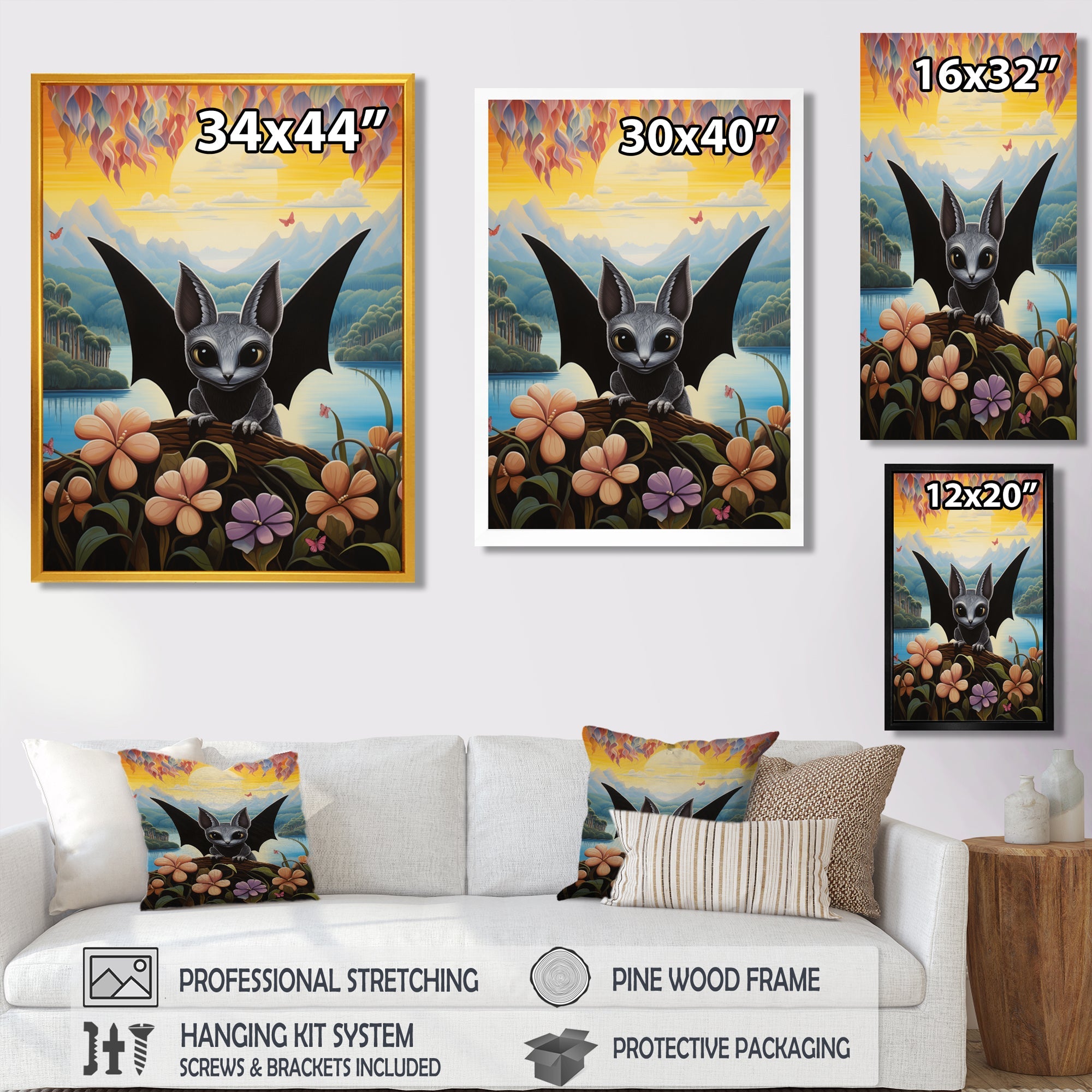 Gothic Bat in colorful flower rainforest - Bat Living Room Wall Art