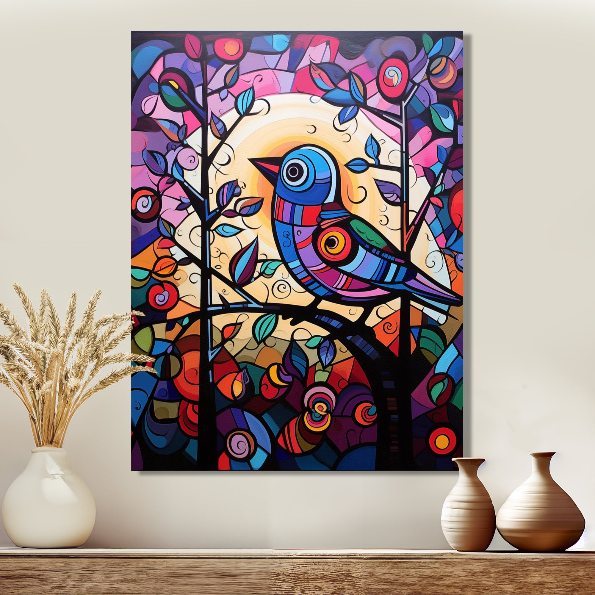 Stained glass Bird singing on branch Pop art - Bird Canvas Wall Art