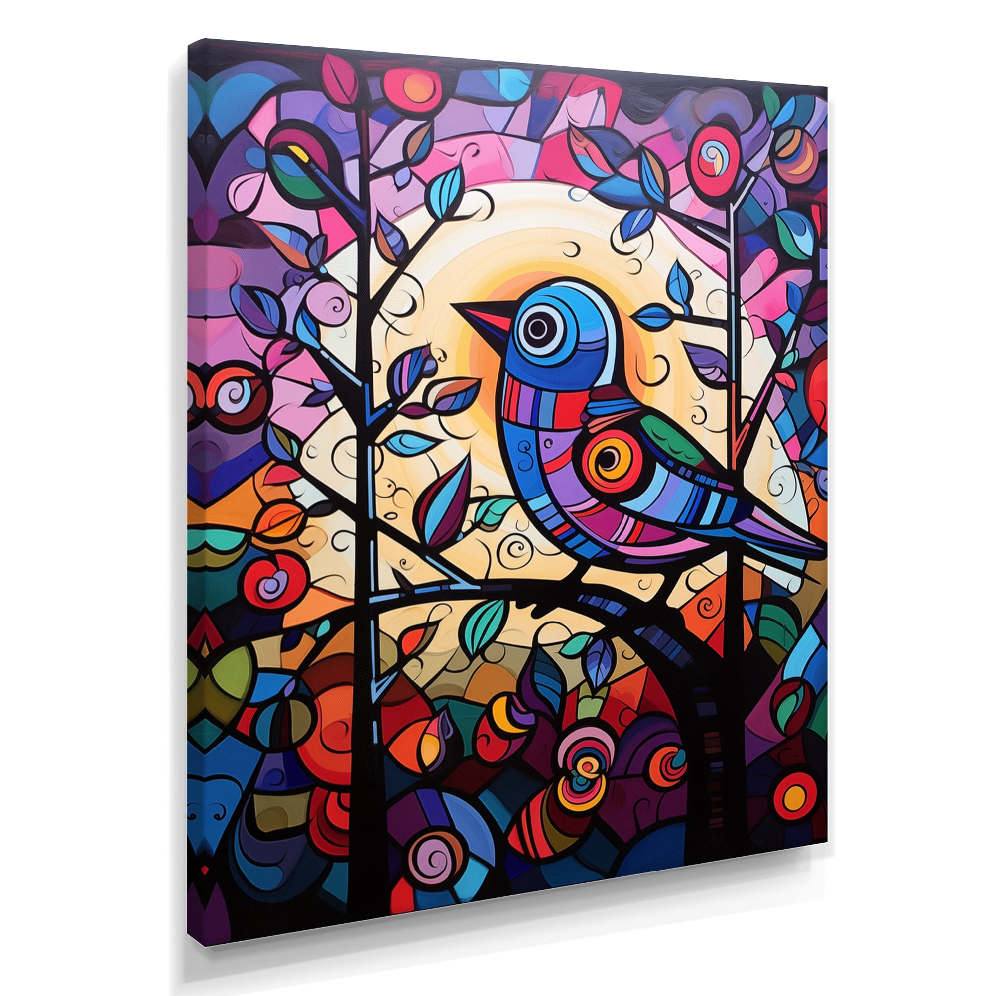 Stained glass Bird singing on branch Pop art - Bird Canvas Wall Art