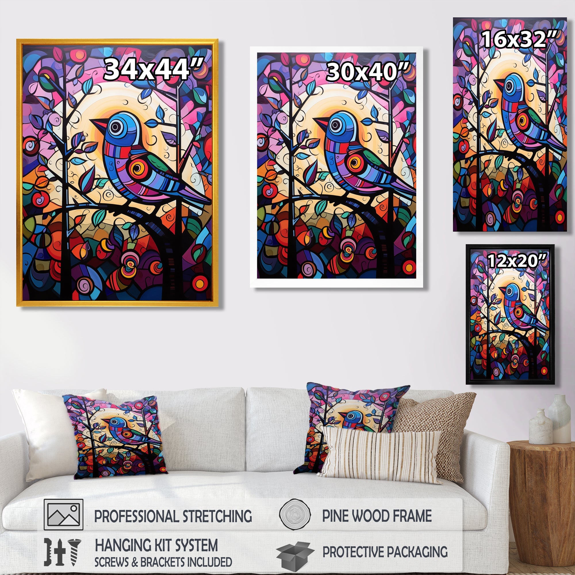 Stained glass Bird singing on branch Pop art - Bird Canvas Wall Art