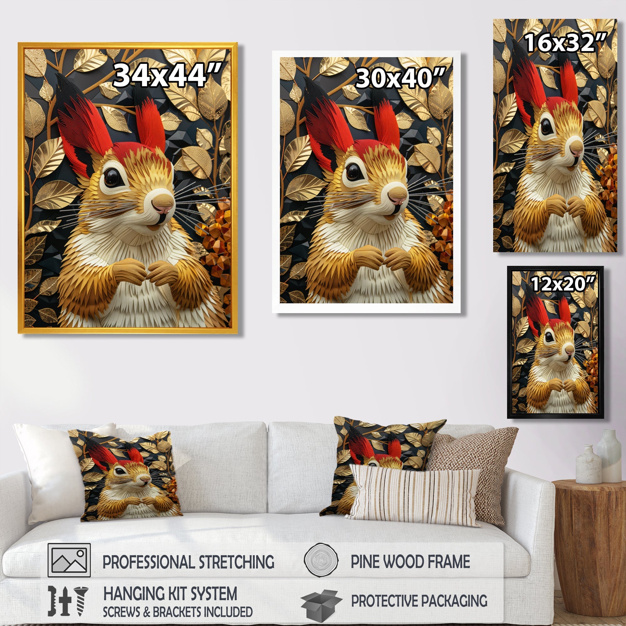 Red gold Squirrel Art deco portrait - Squirrel Large Canvas Wall Art