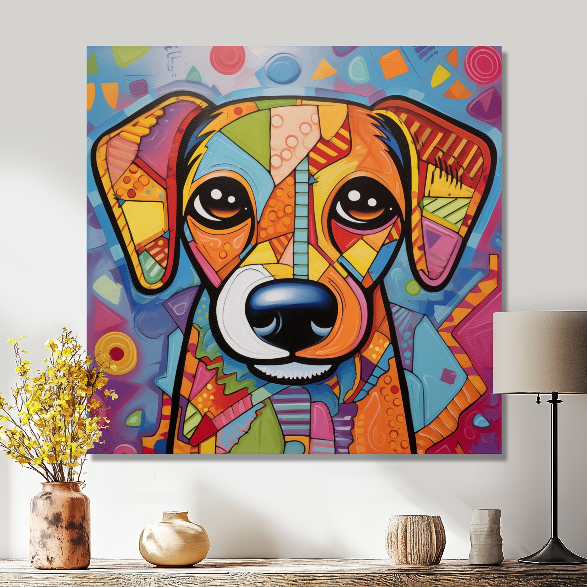 Geometric multicolor dog portrait - Dog Living Room Wall Art