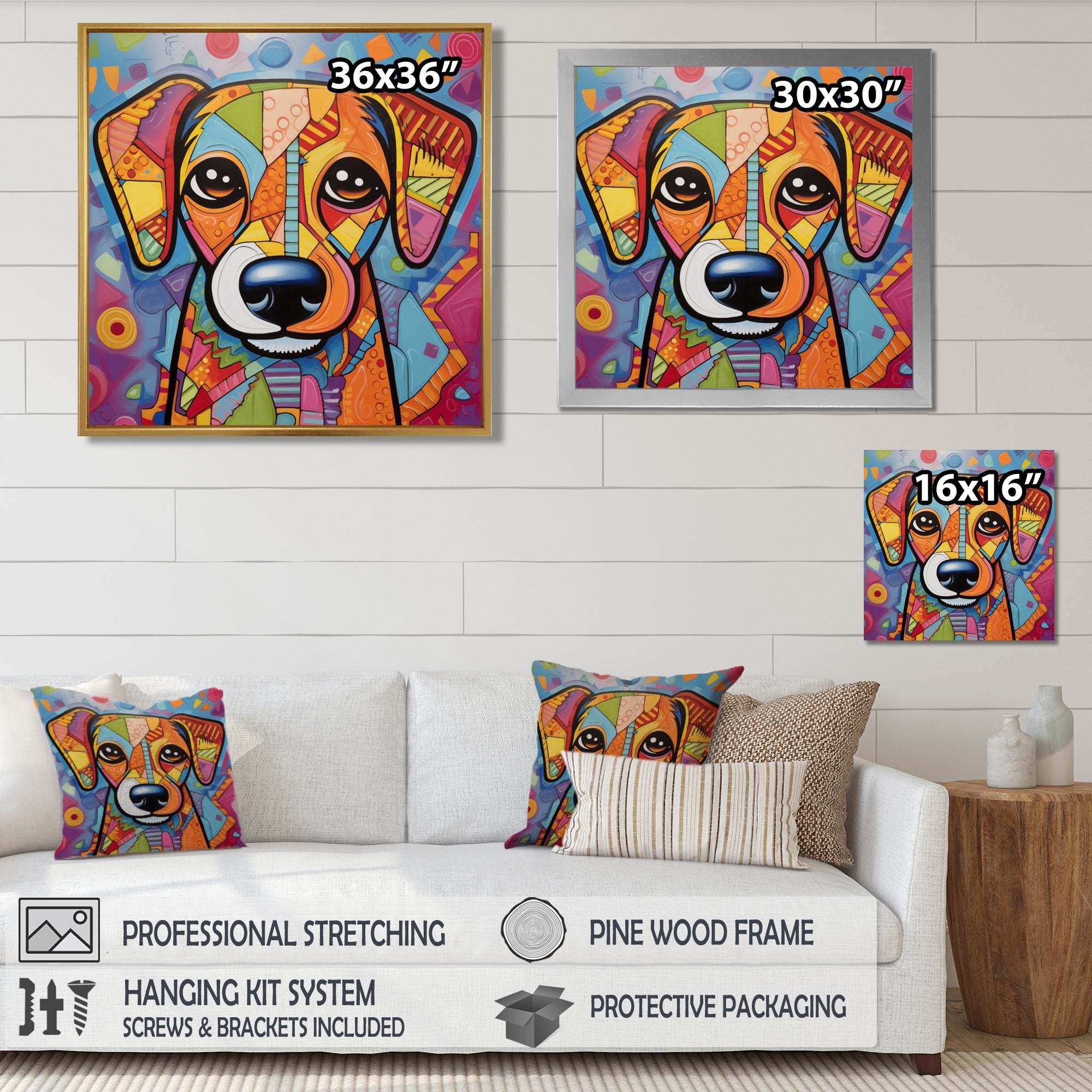 Geometric multicolor dog portrait - Dog Living Room Wall Art