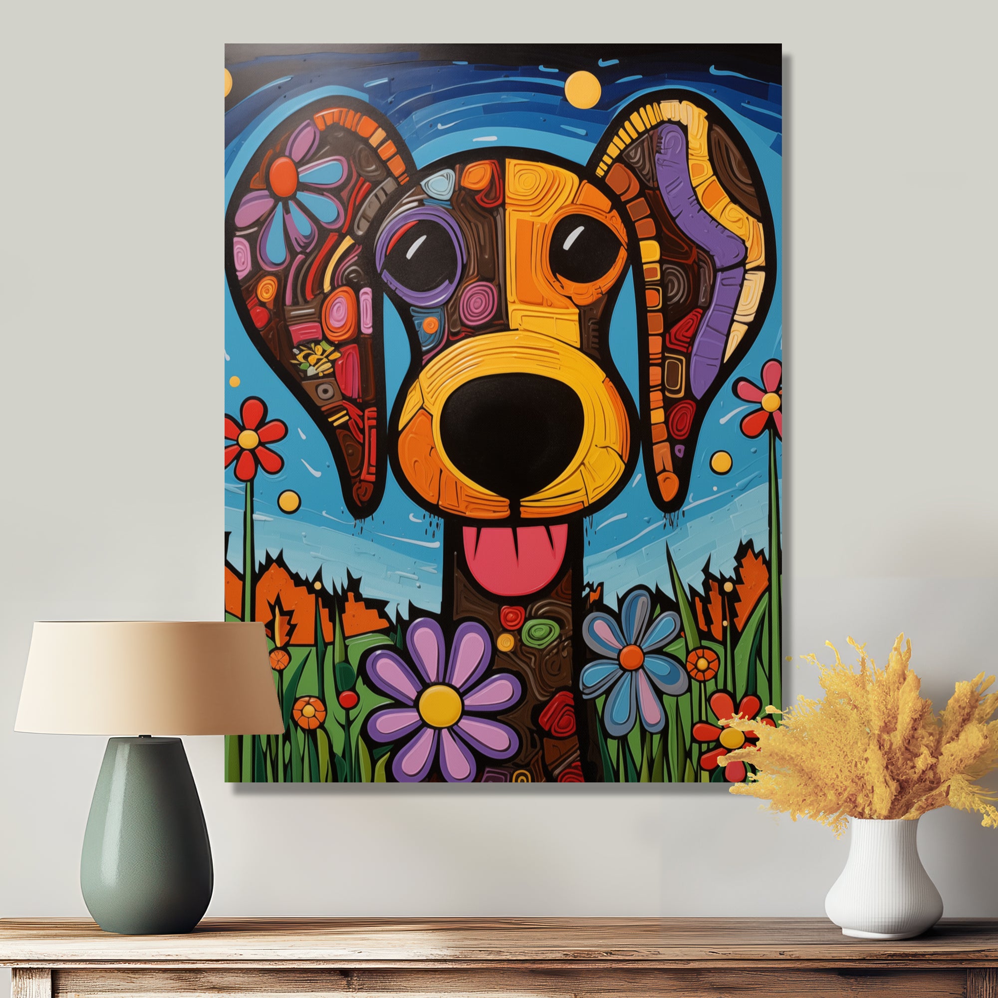 Geometric multicolor flower dog portrait - Dog Canvas Wall Art