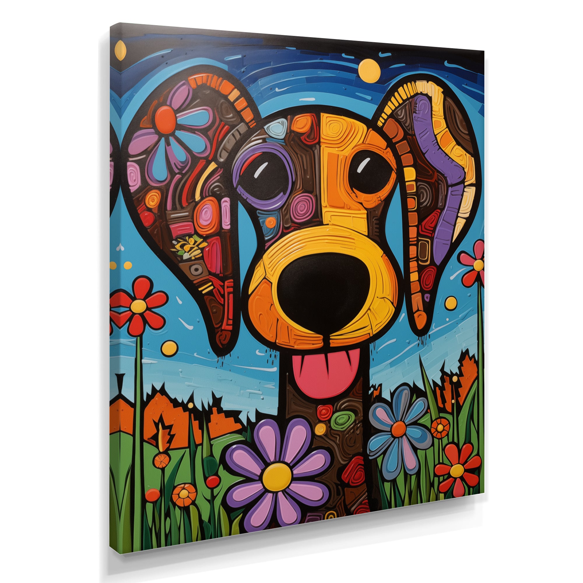 Geometric multicolor flower dog portrait - Dog Canvas Wall Art