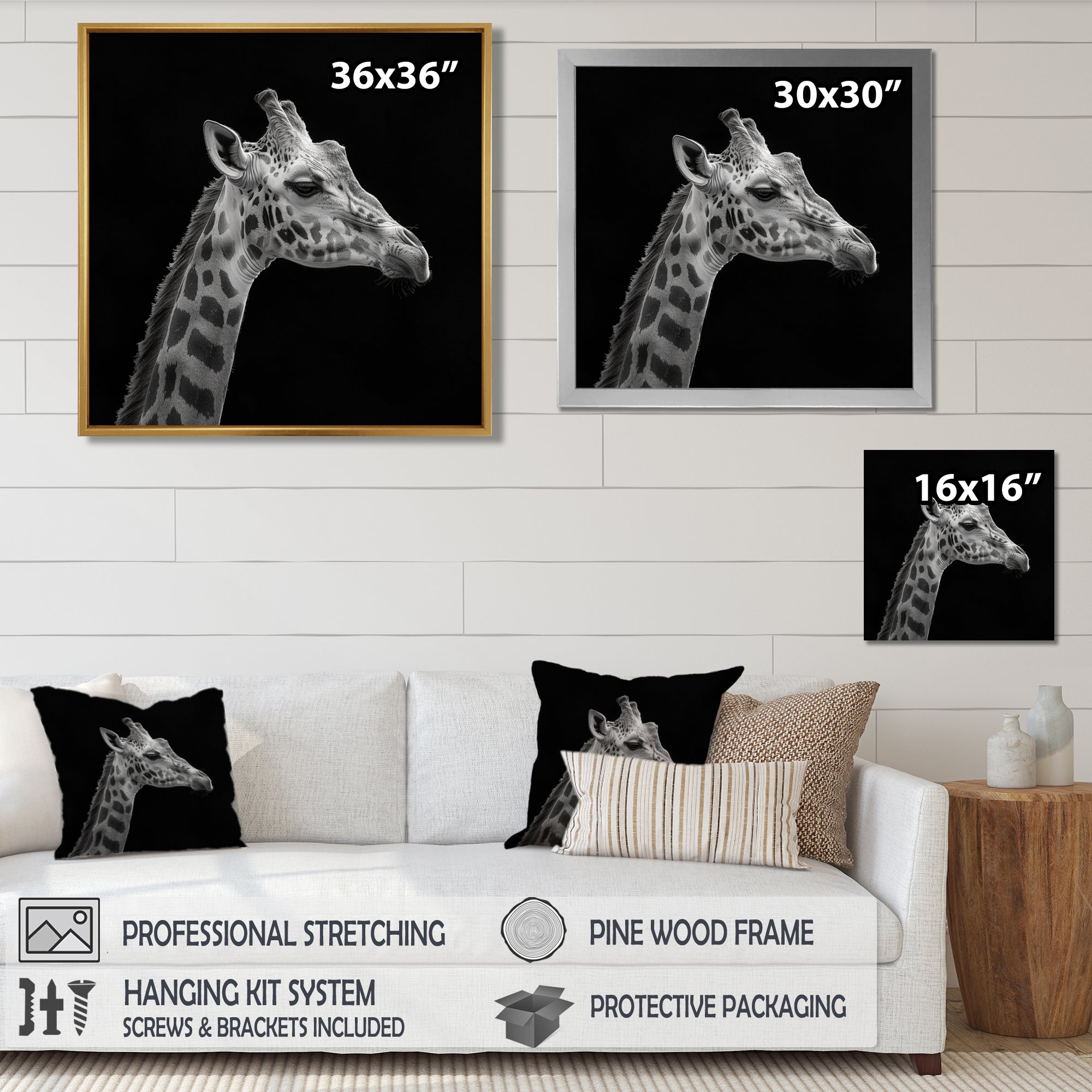 Giraffe profile on black - Gray Giraffe Wall Art