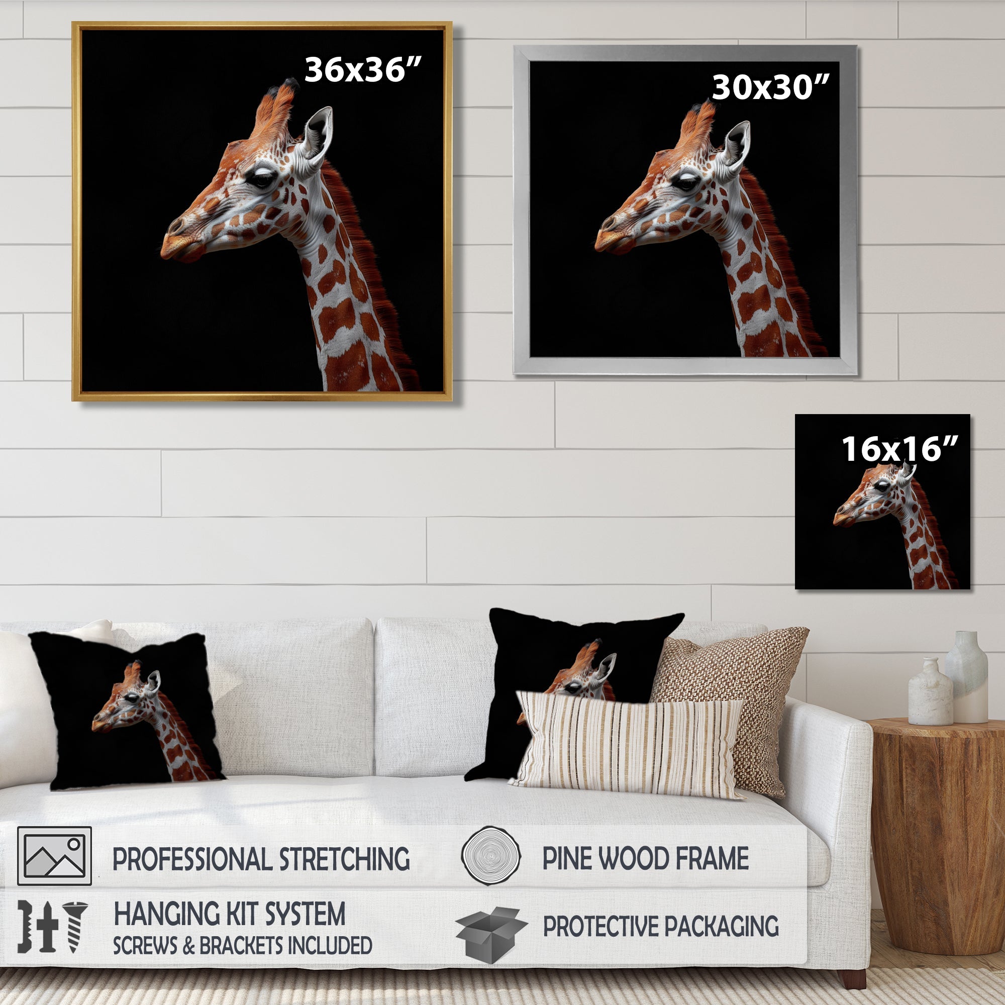 Brown giraffe profile on black - White Giraffe Wall Art