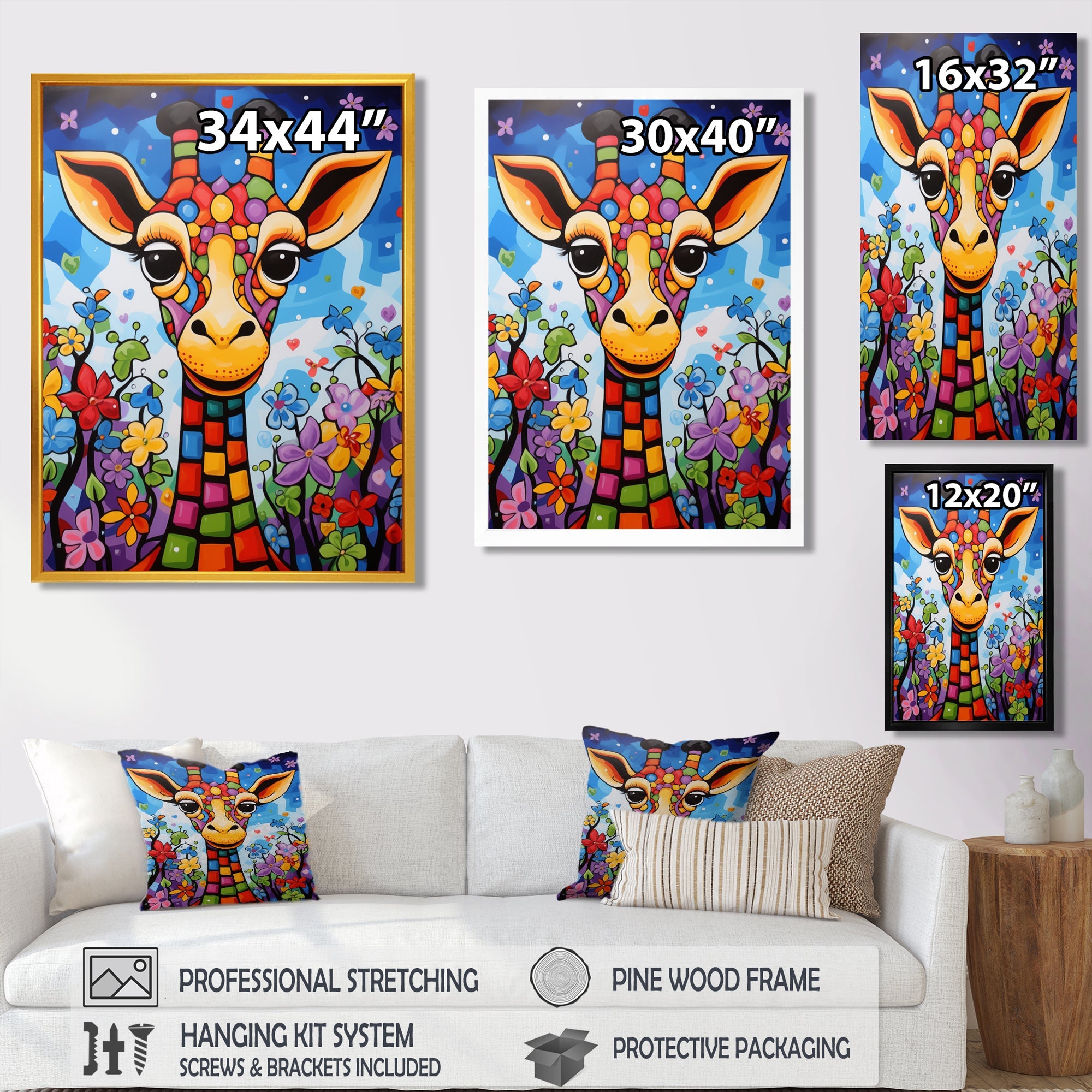 Colorful cute Giraffe in jungle landscape - Giraffe Framed Canvas Art