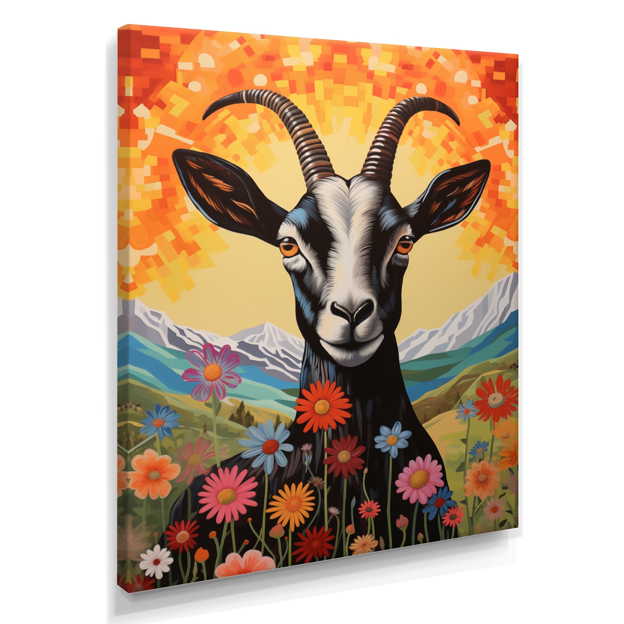 Mountain Goat in colorful meadows - Goat Large Canvas Wall Art