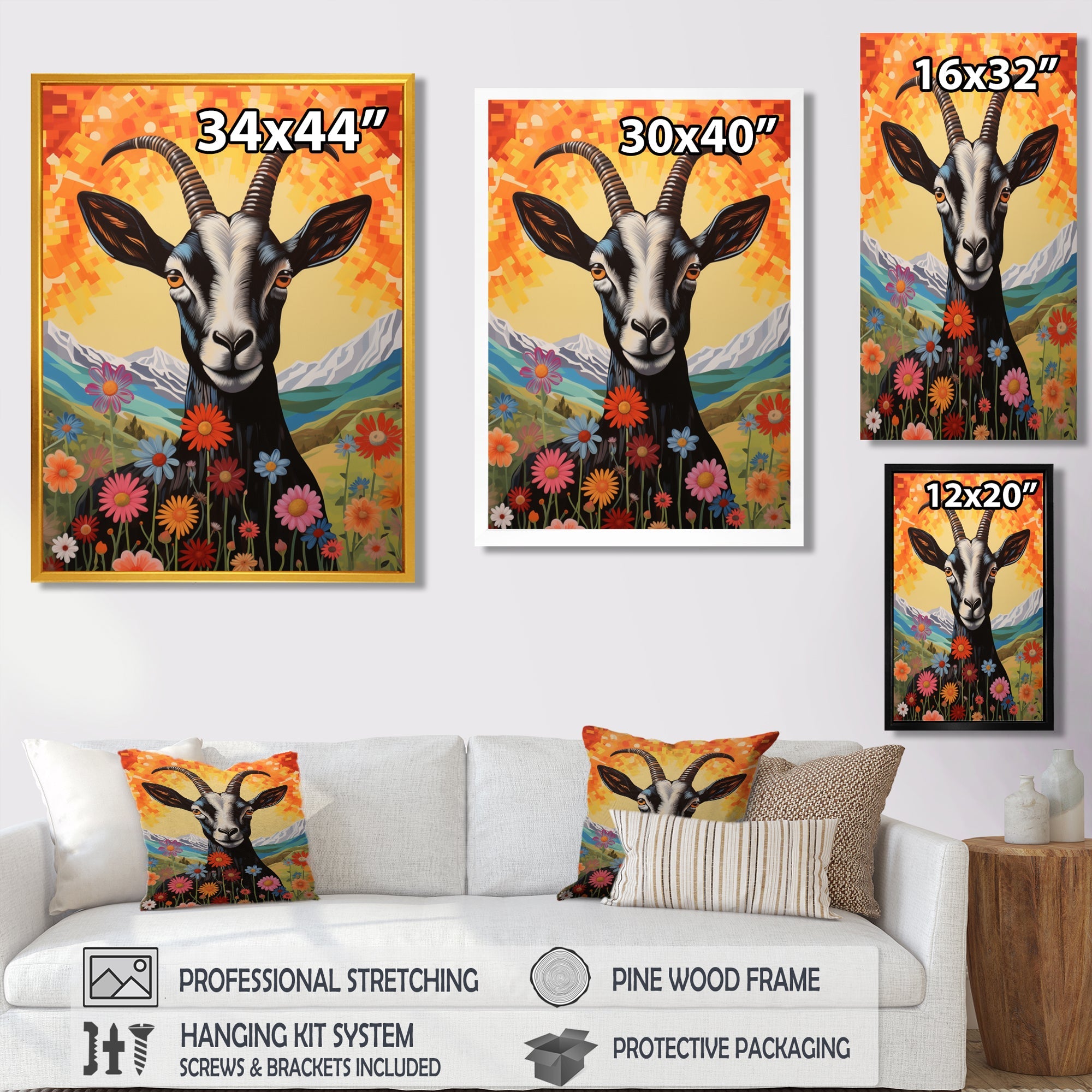 Mountain Goat in colorful meadows - Goat Large Canvas Wall Art