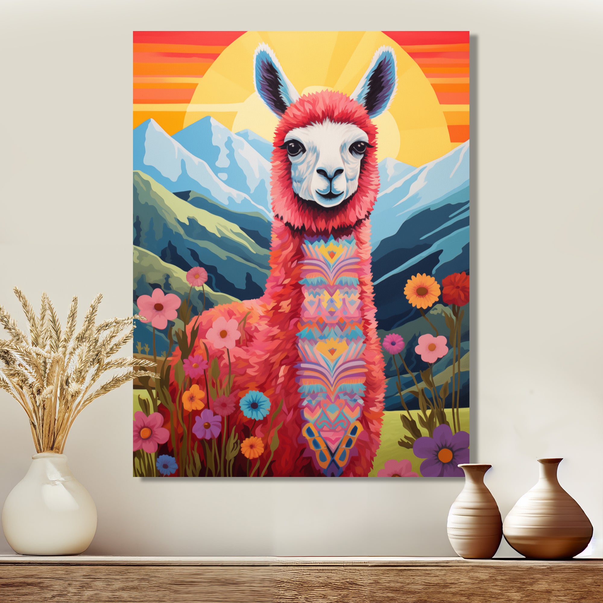 Pink Alpaca in Chile mountain blooms landscape - Llama Wall Decor