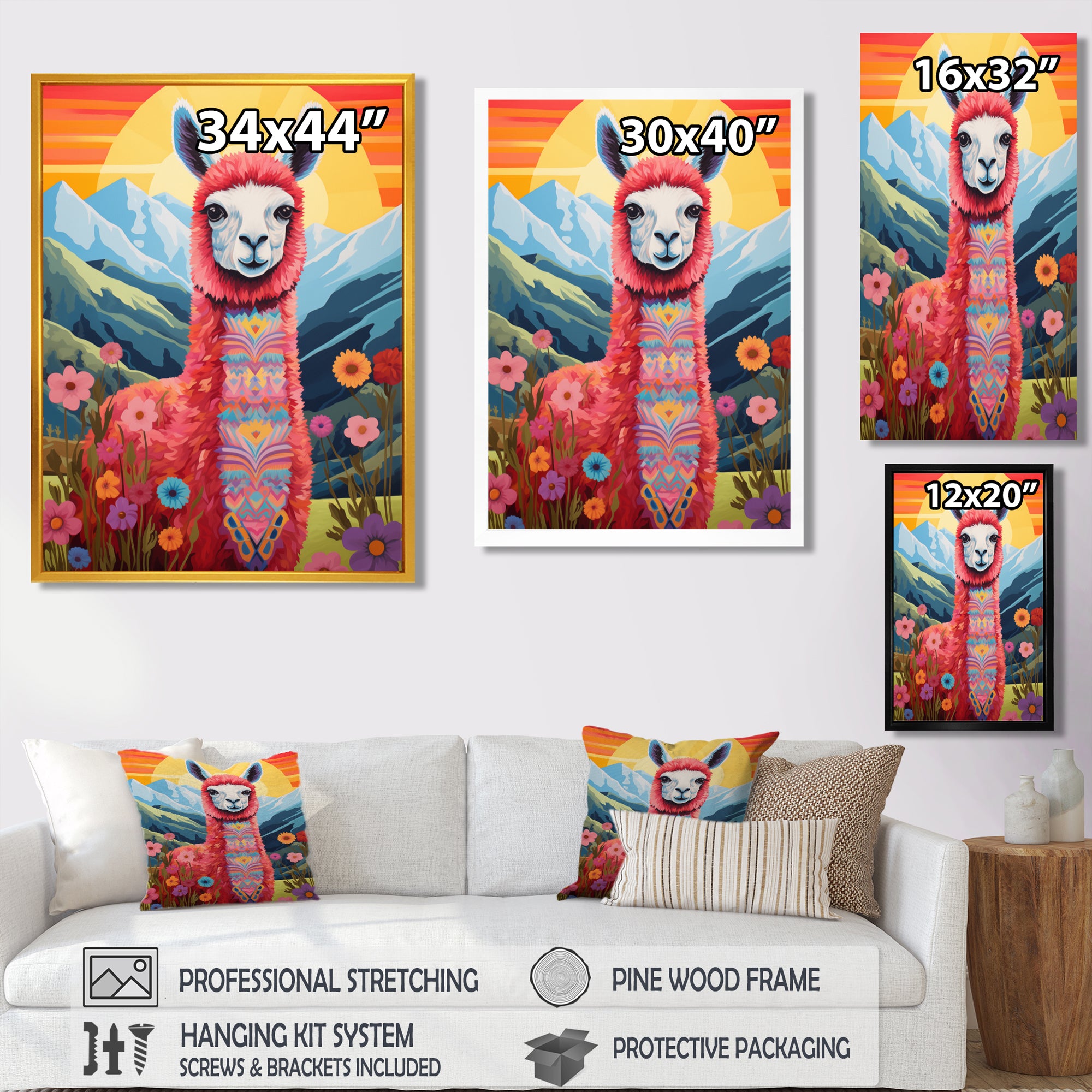 Pink Alpaca in Chile mountain blooms landscape - Llama Wall Decor