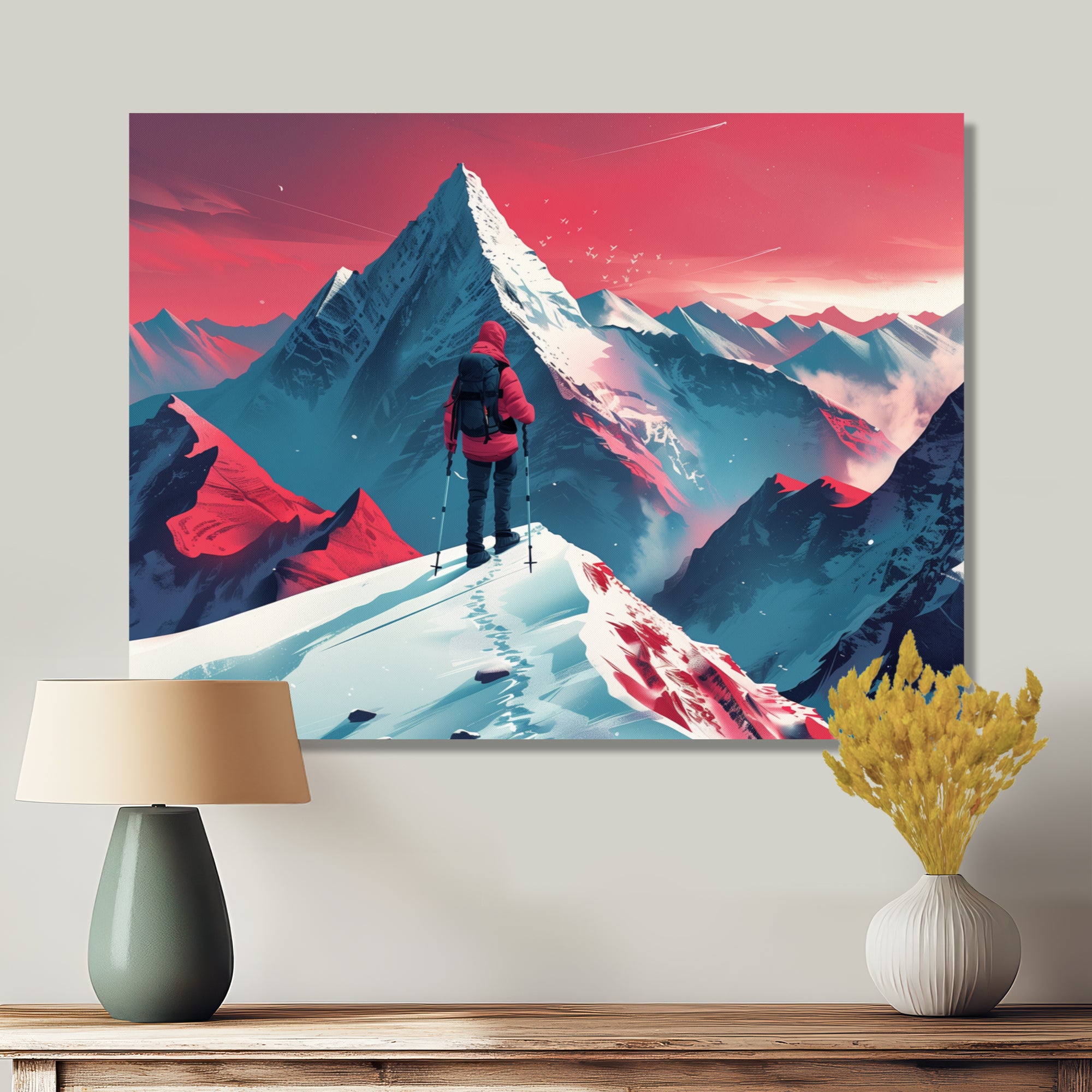 Red Blue Winter Mountain Views Hiking I - Hiking Canvas Wall Art